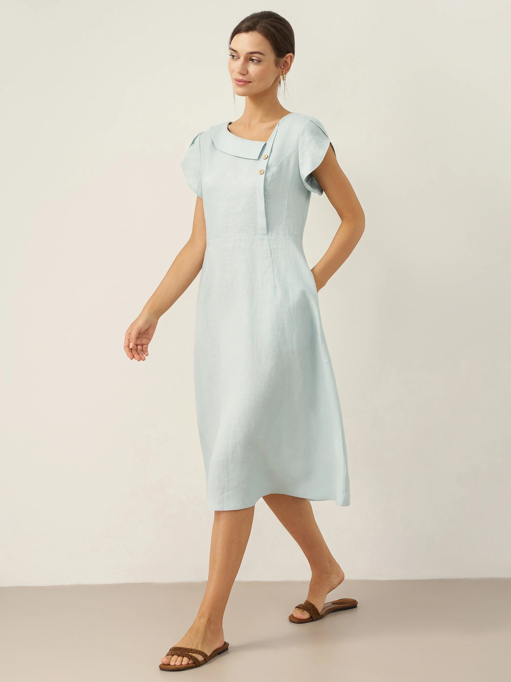 100% Linen Crescent Collar Flutter Sleeve Midi Dress Fiona