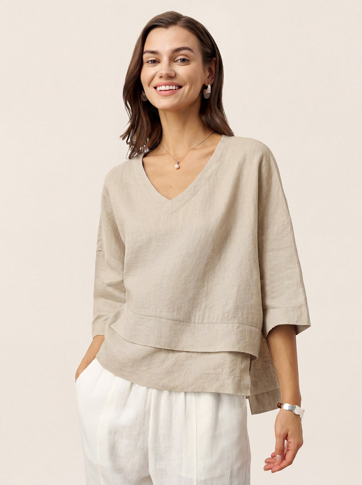 Natural Melange 100% Linen Drop Shoulder Asymmetric Layered Hem Overtop VIOLA by LINTICO