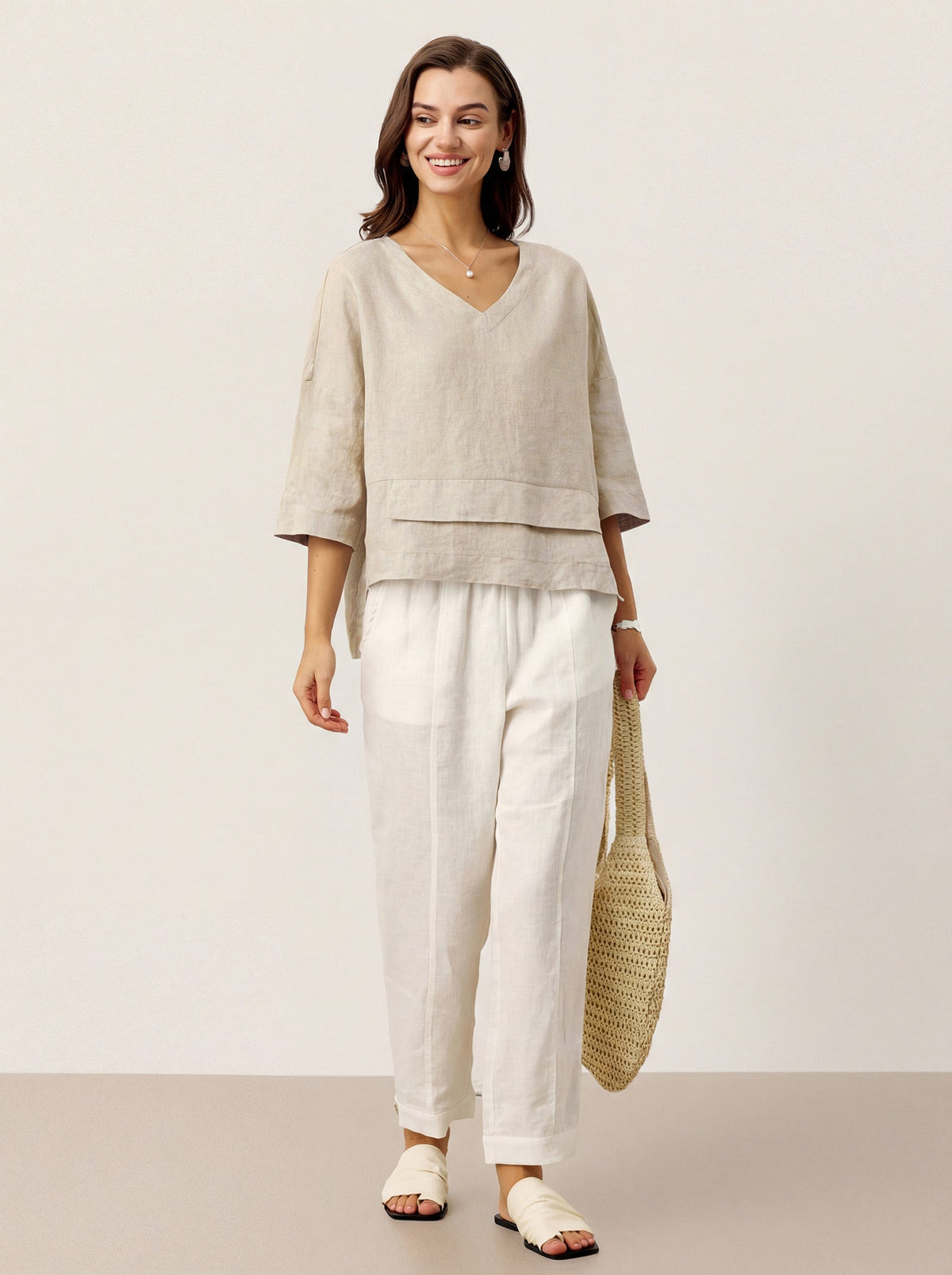 Natural Melange 100% Linen Drop Shoulder Asymmetric Layered Hem Overtop VIOLA by LINTICO