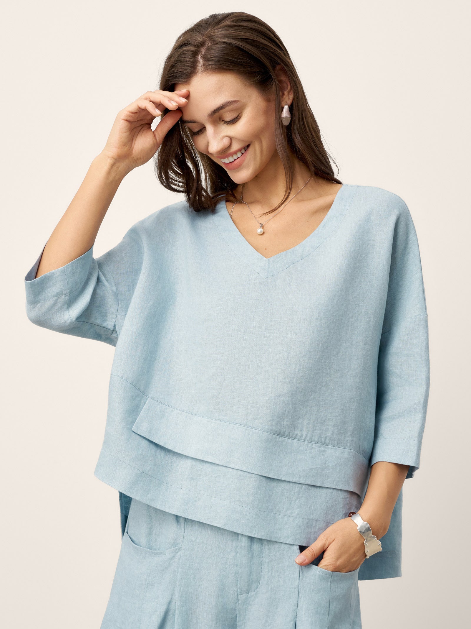 100% Linen Drop Shoulder Asymmetric Layered Hem Overtop VIOLA by LINTICO for women