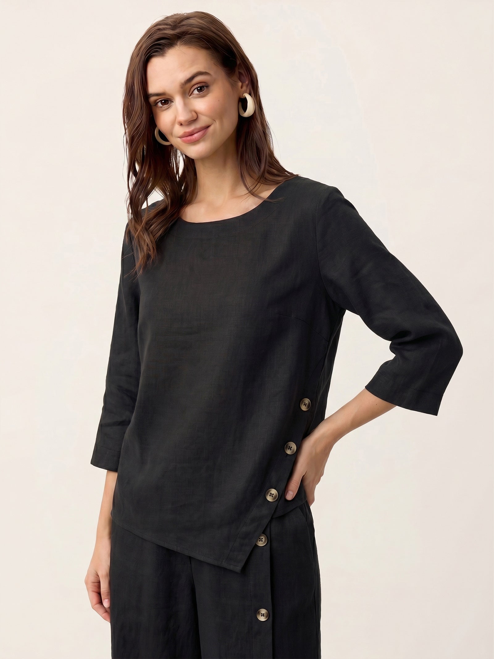100% Linen Asymmetric-Hem Button-Trim Top NYLA by LINTICO for women