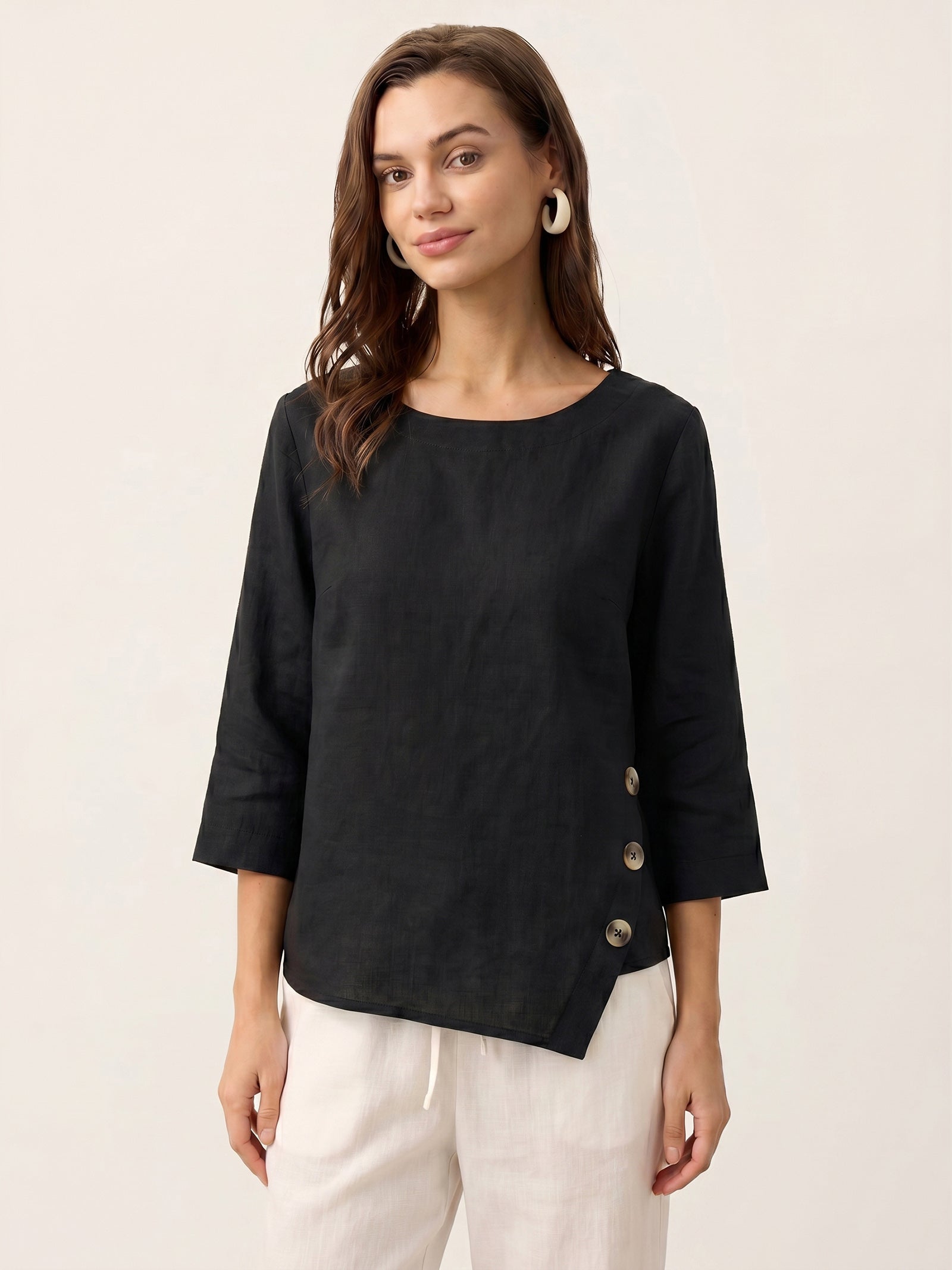 100% Linen Asymmetric-Hem Button-Trim Top NYLA by LINTICO for women