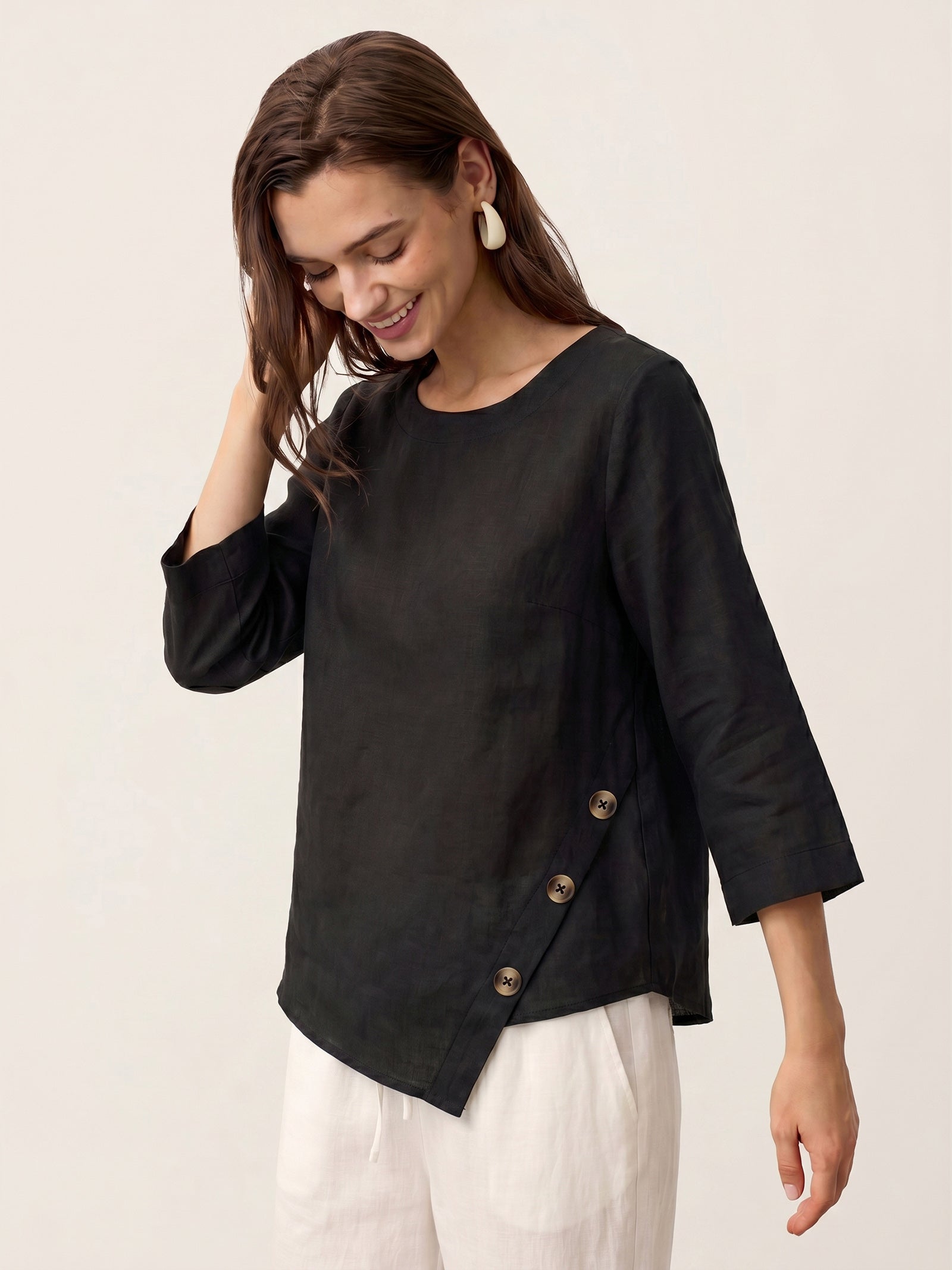 100% Linen Asymmetric-Hem Button-Trim Top NYLA by LINTICO for women
