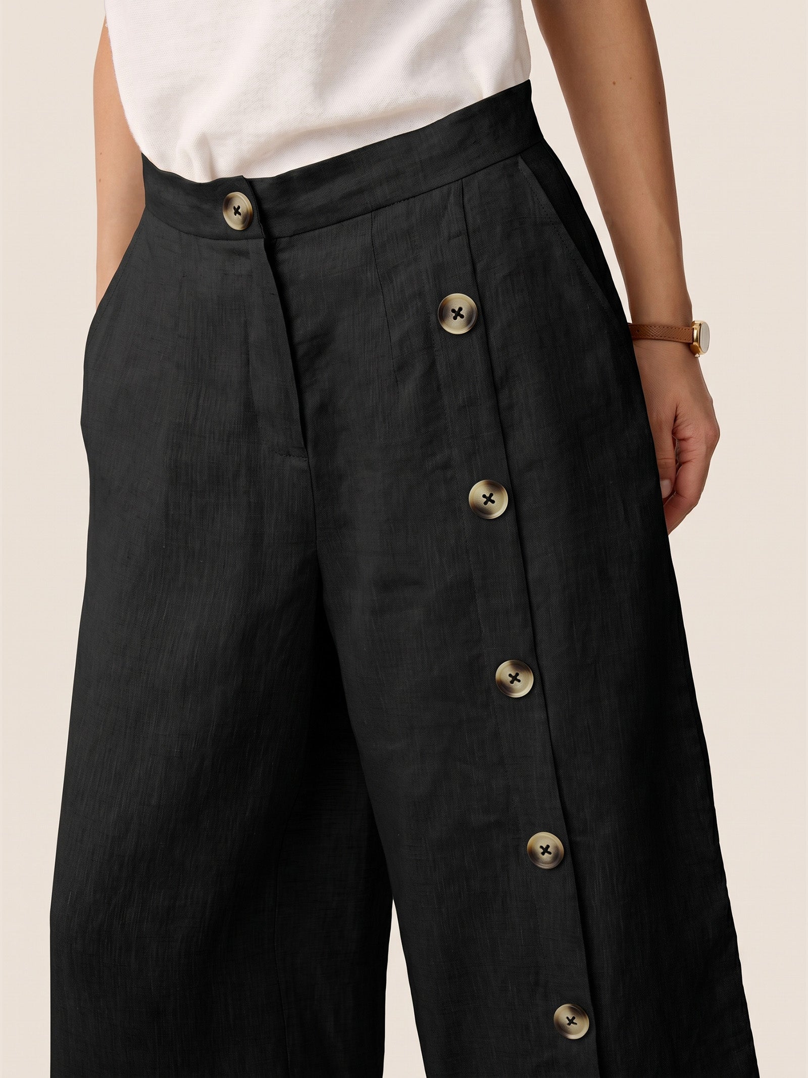 100% Linen Buttoned Slit-Hem Pants KATYA by LINTICO for women