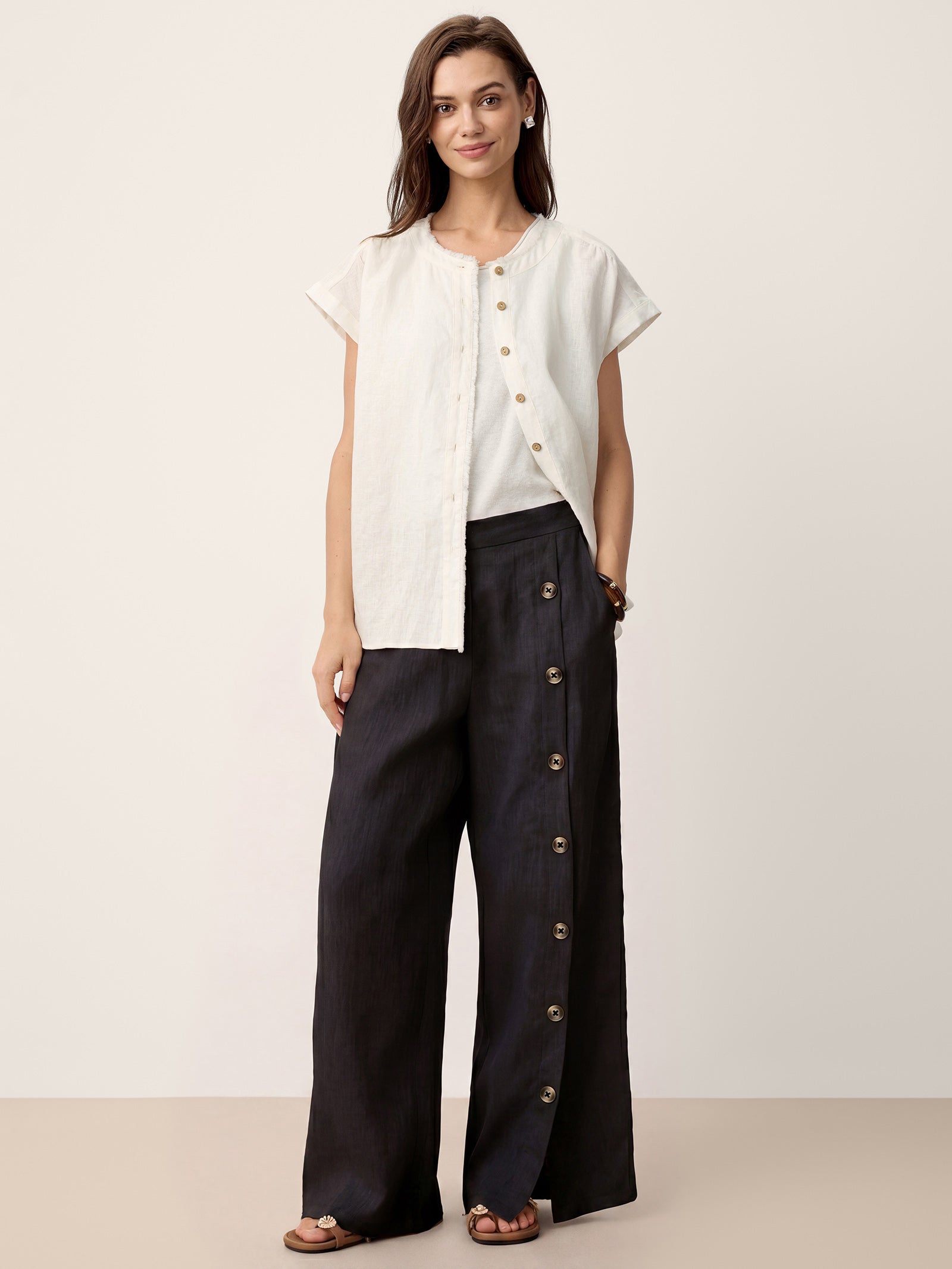 100% Linen Buttoned Slit-Hem Pants KATYA by LINTICO for women