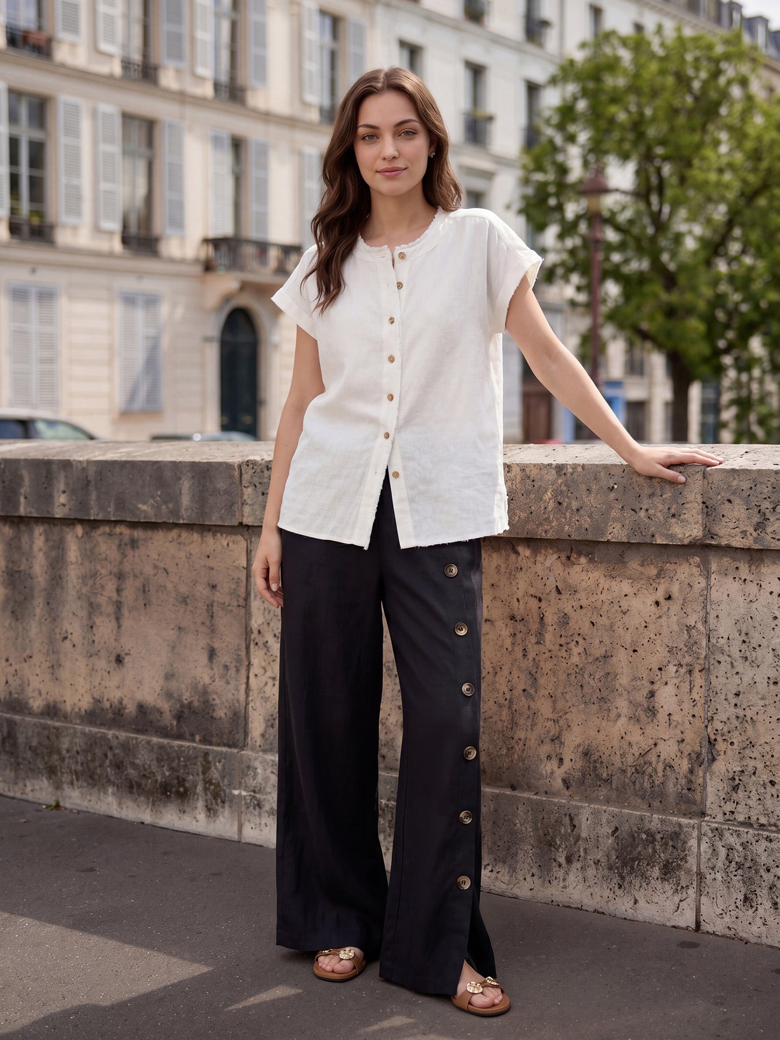 100% Linen Buttoned Slit-Hem Pants KATYA by LINTICO for women