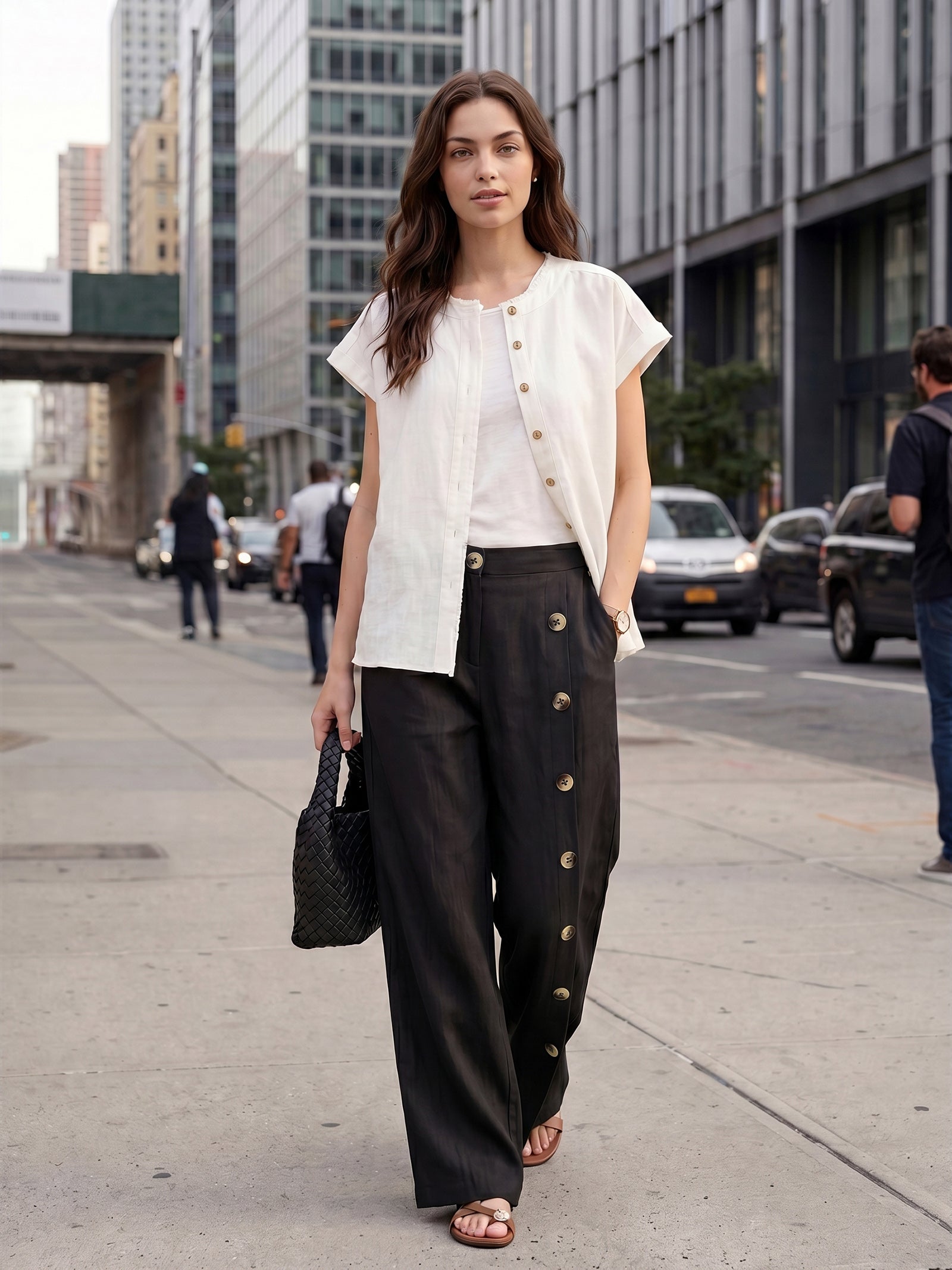 100% Linen Buttoned Slit-Hem Pants KATYA by LINTICO for women