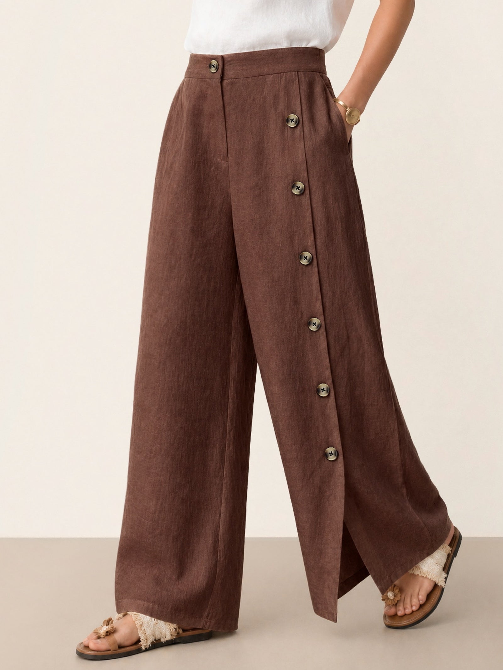 100% Linen Buttoned Slit-Hem Pants KATYA by LINTICO for women