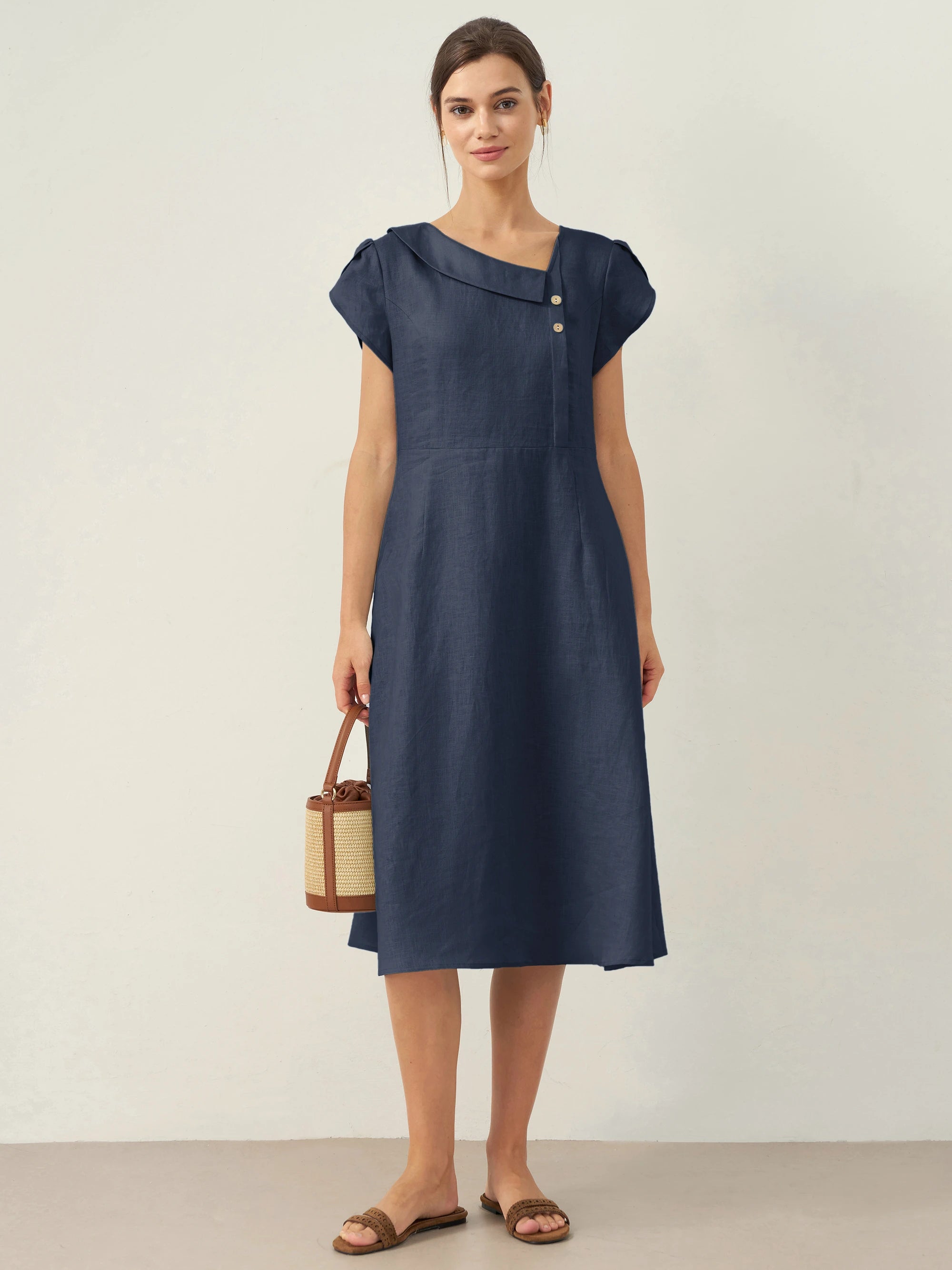 100% Linen Crescent Collar Flutter Sleeve Midi Dress Fiona