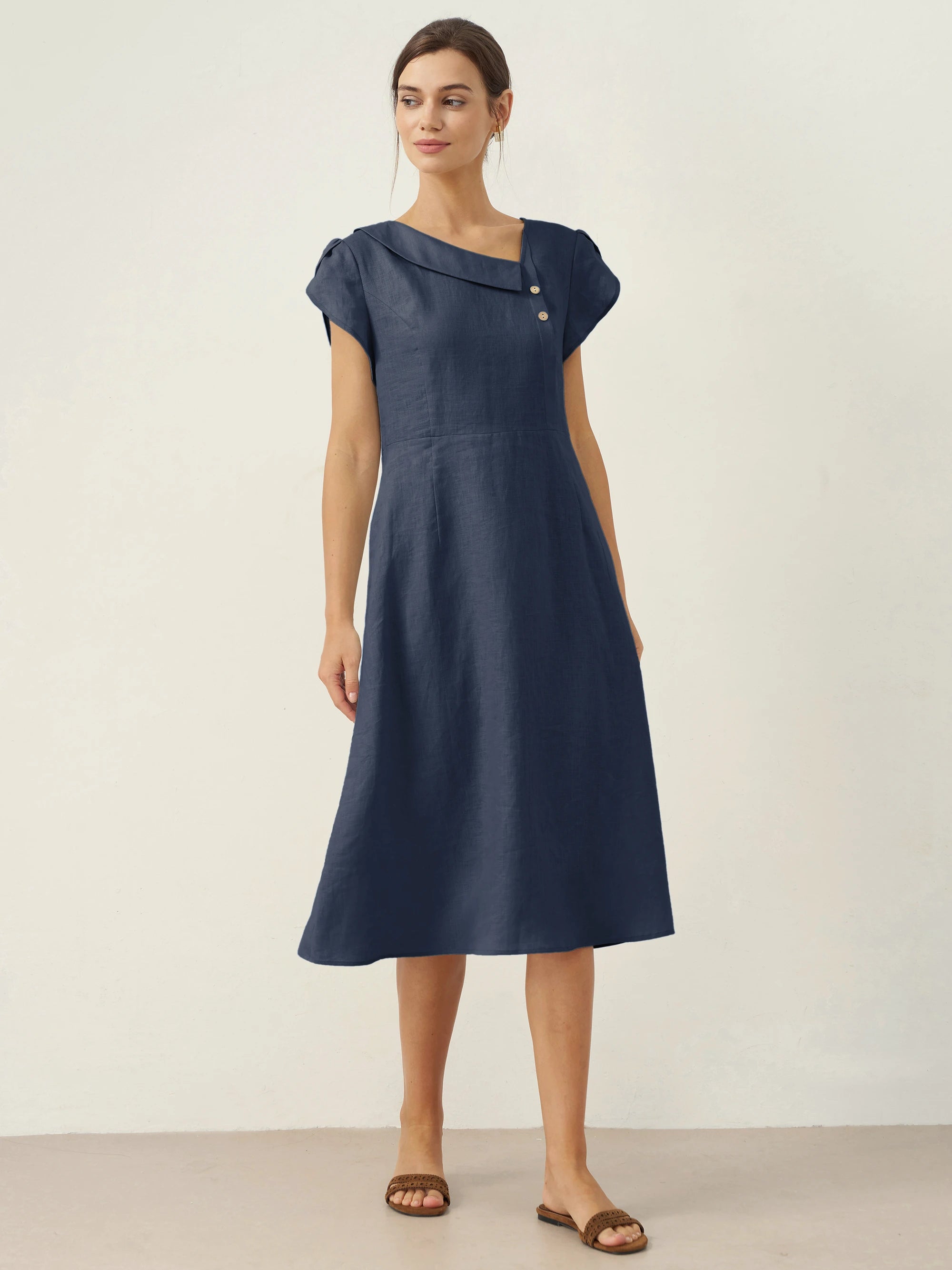 100% Linen Crescent Collar Flutter Sleeve Midi Dress Fiona