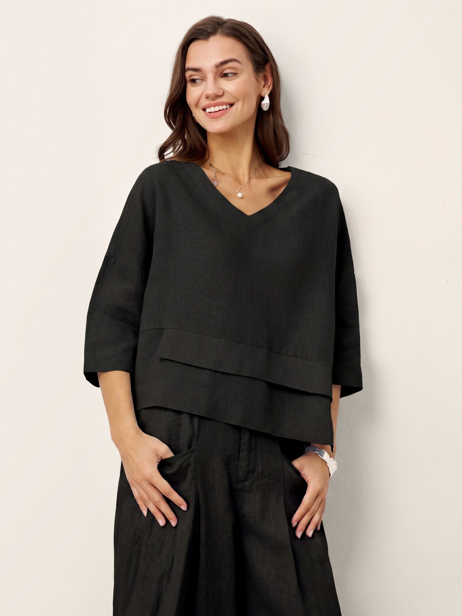 100% Linen Drop Shoulder Asymmetric Layered Hem Overtop VIOLA by LINTICO for women