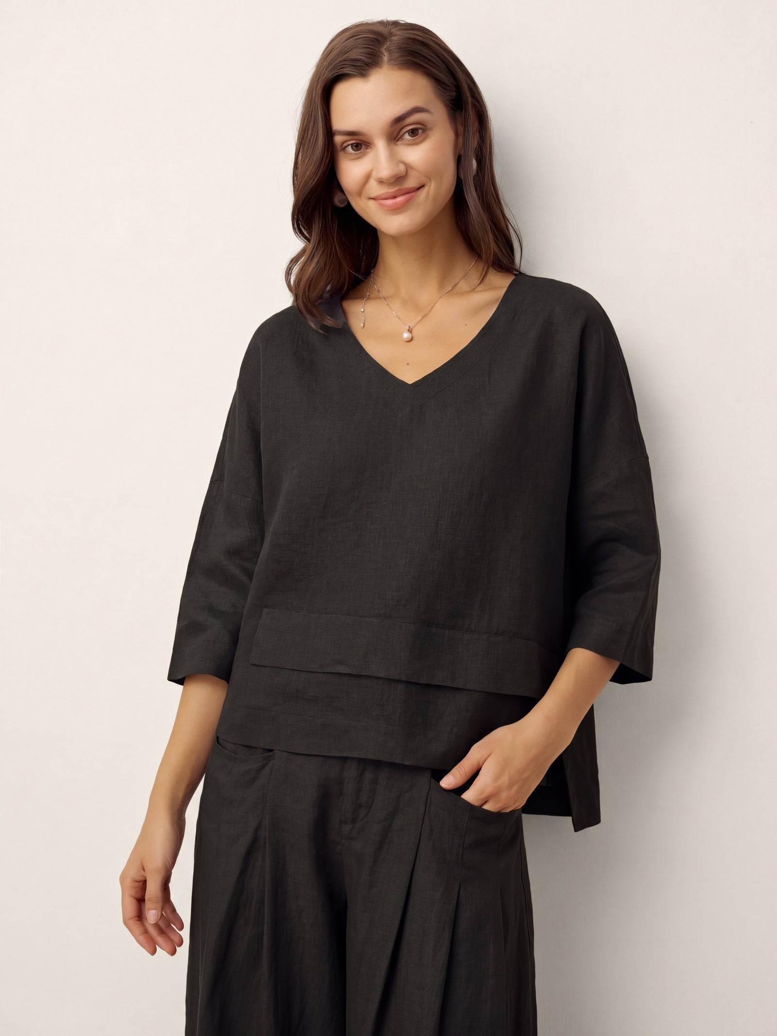 100% Linen Drop Shoulder Asymmetric Layered Hem Overtop VIOLA by LINTICO for women
