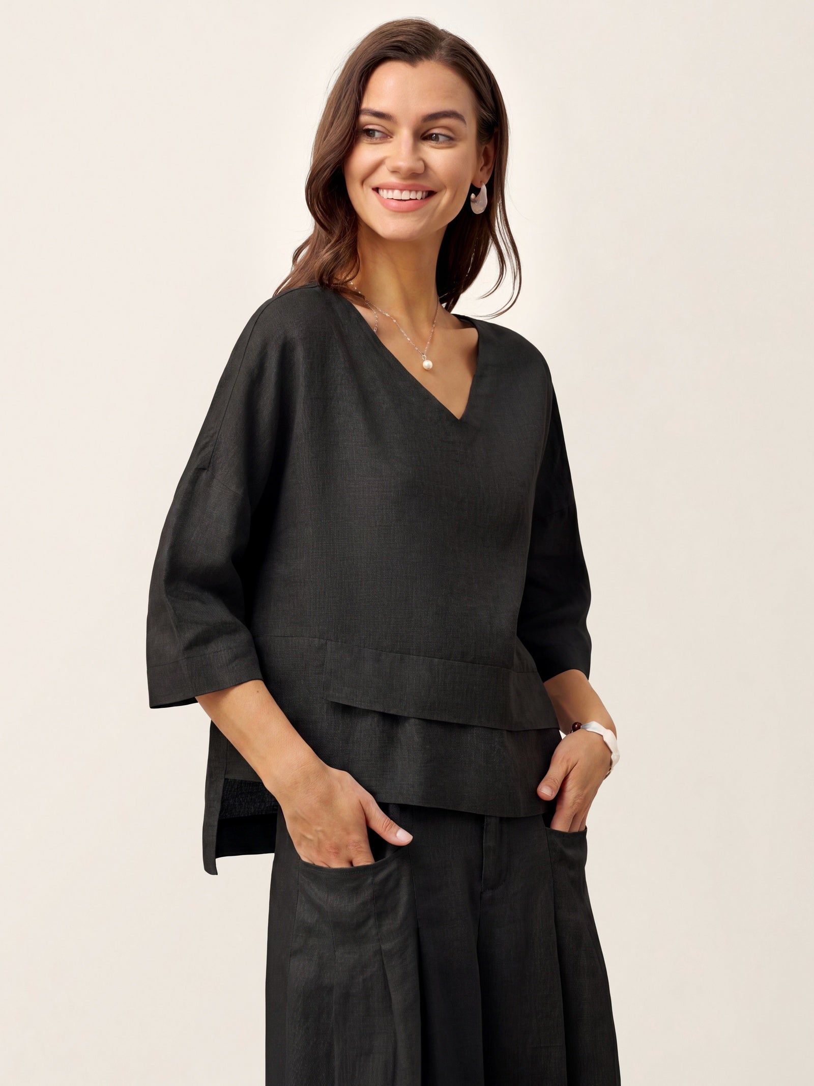 100% Linen Drop Shoulder Asymmetric Layered Hem Overtop VIOLA by LINTICO for women