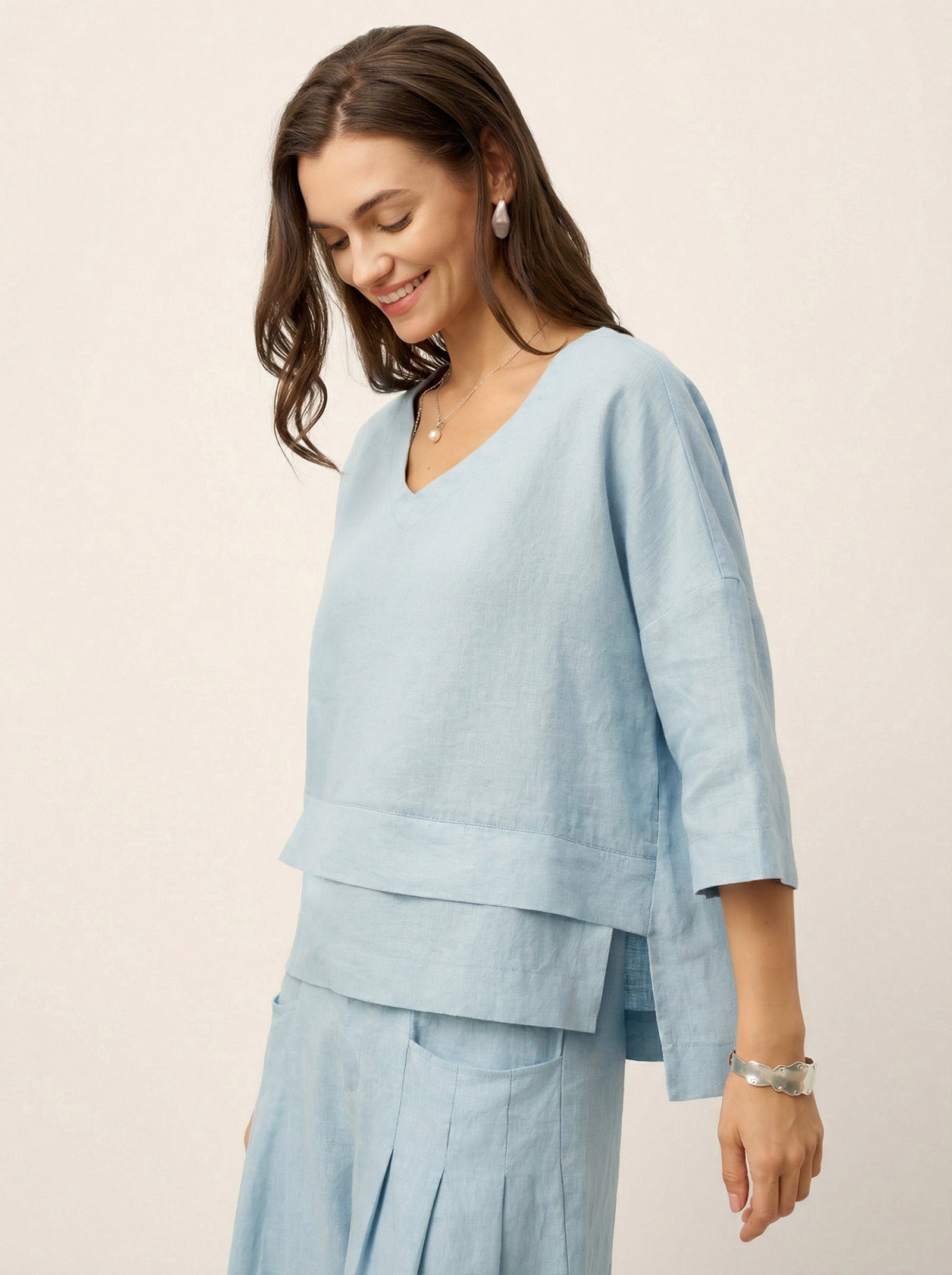 100% Linen Drop Shoulder Asymmetric Layered Hem Overtop VIOLA by LINTICO for women