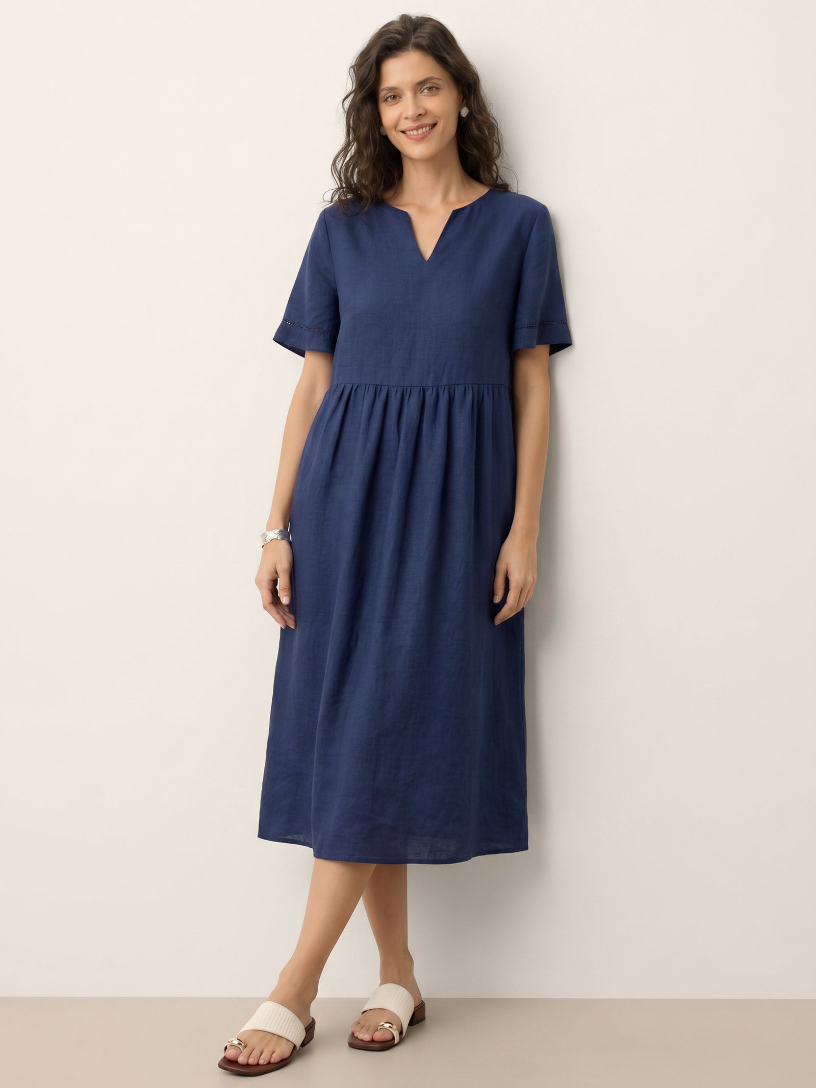 100% Linen Embroidered Cuff Split Neck Midi Dress OCTAVIA by LINTICO for women
