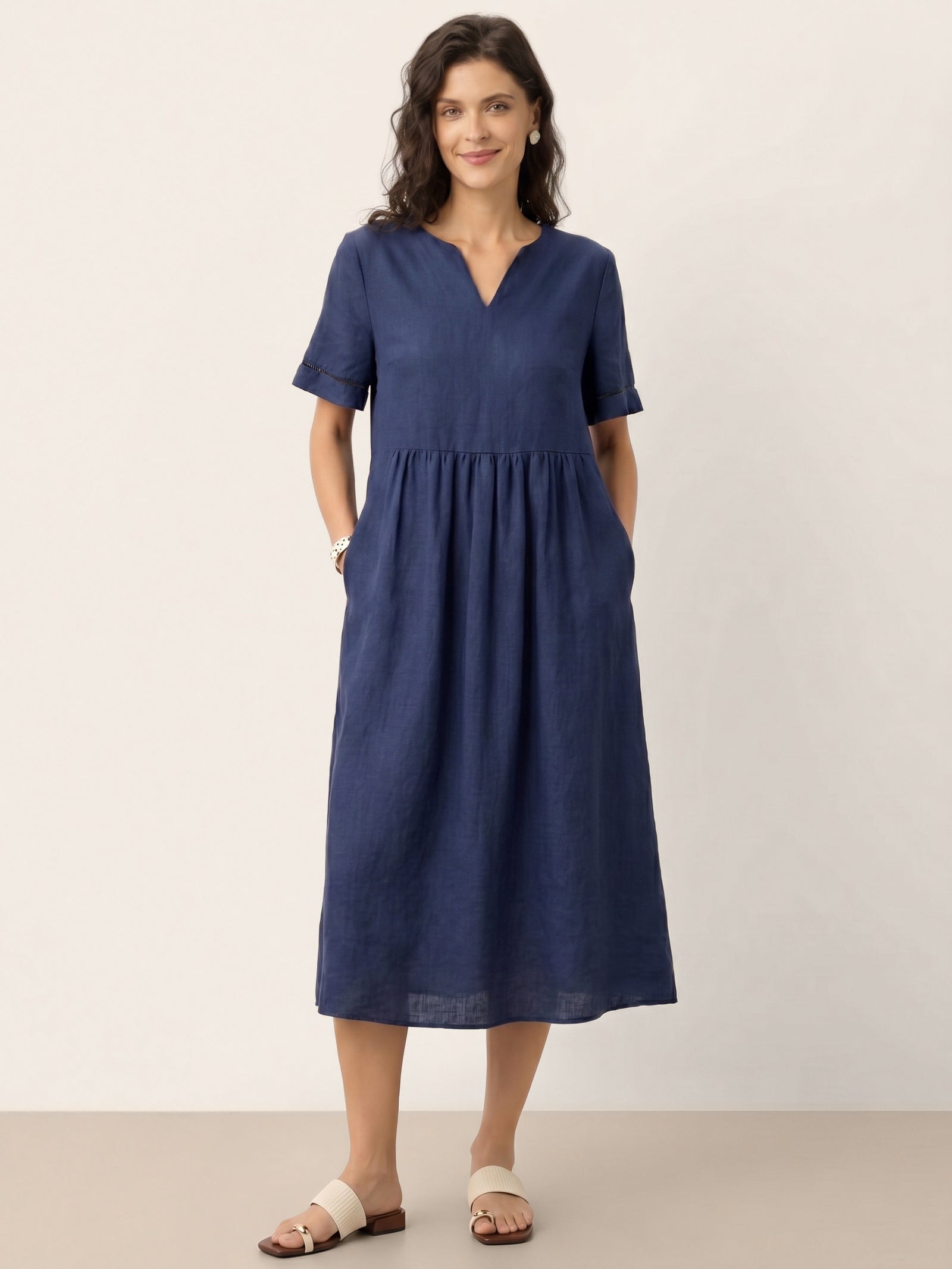 100% Linen Embroidered Cuff Split Neck Midi Dress OCTAVIA by LINTICO for women