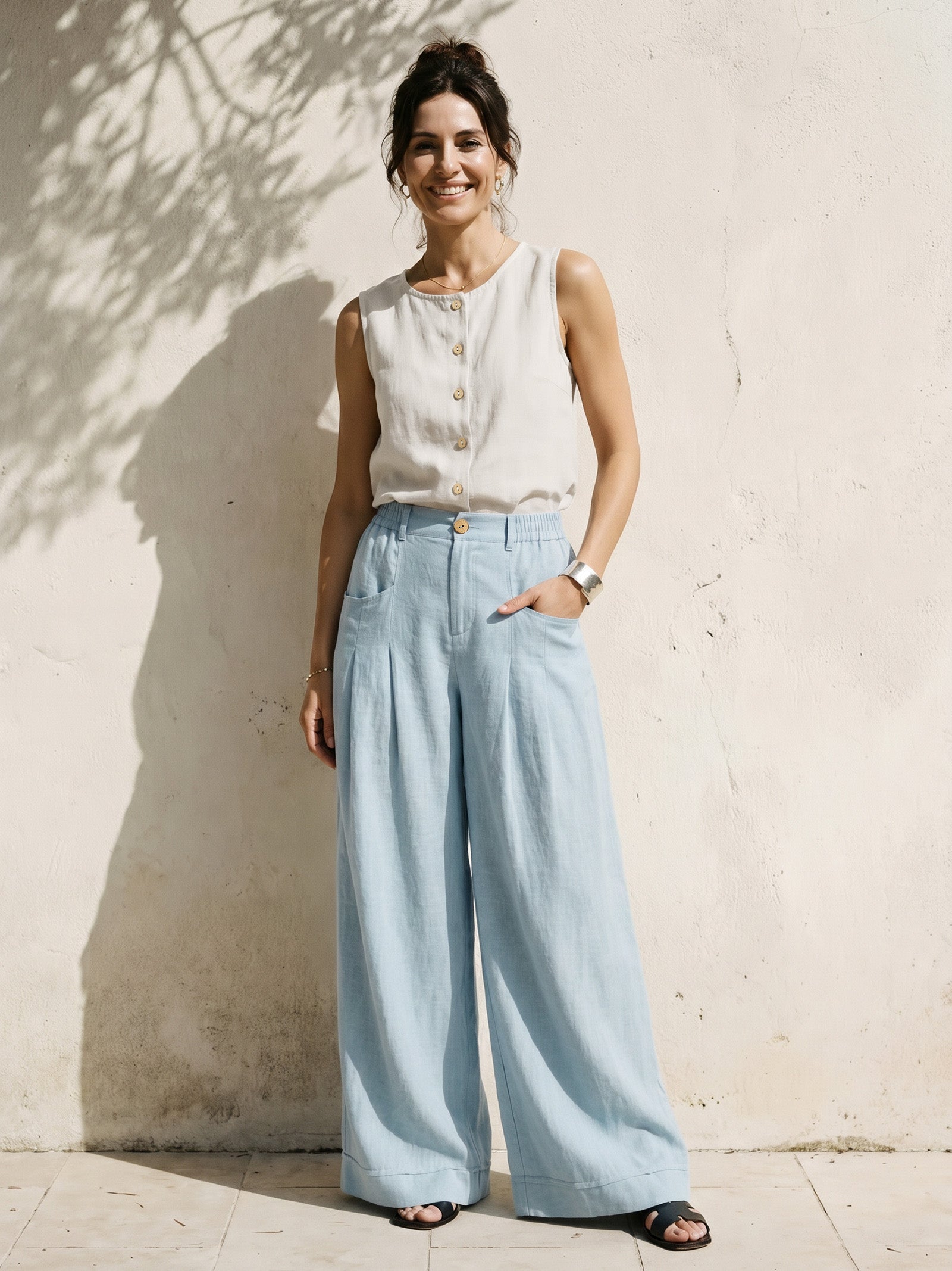 100% Linen Sculpted Pleat Elasticated Back Relaxed Pants VERIDIANA by LINTICO