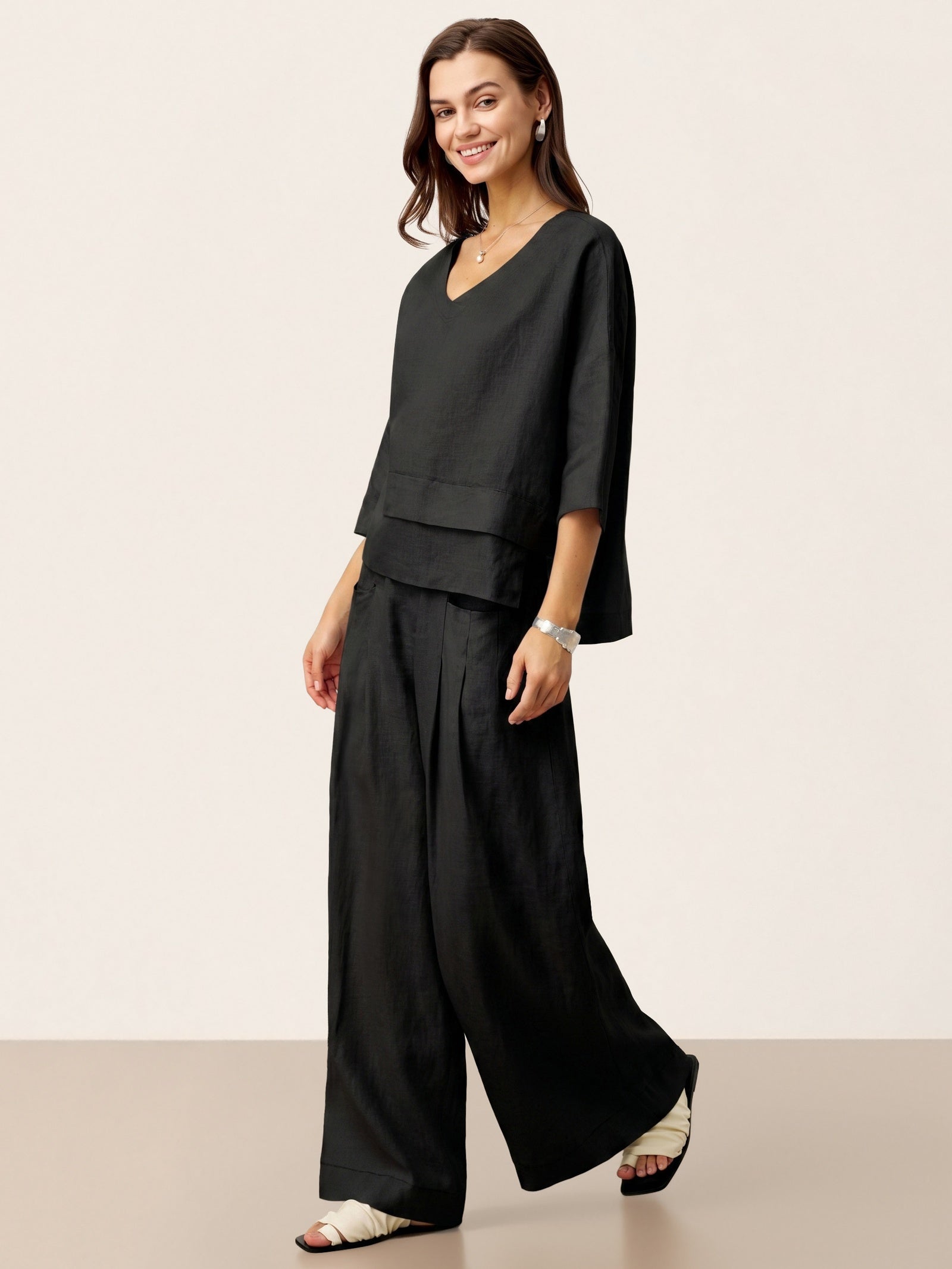 100% Linen Sculpted Pleat Elasticated Back Relaxed Pants VERIDIANA by LINTICO for women