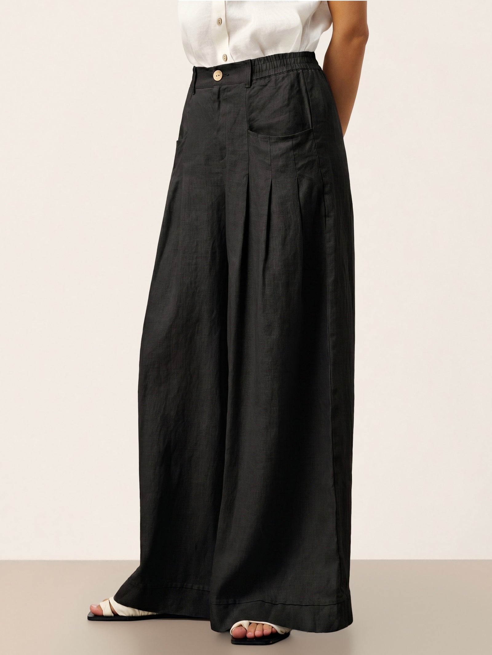 100% Linen Sculpted Pleat Elasticated Back Relaxed Pants VERIDIANA by LINTICO for women