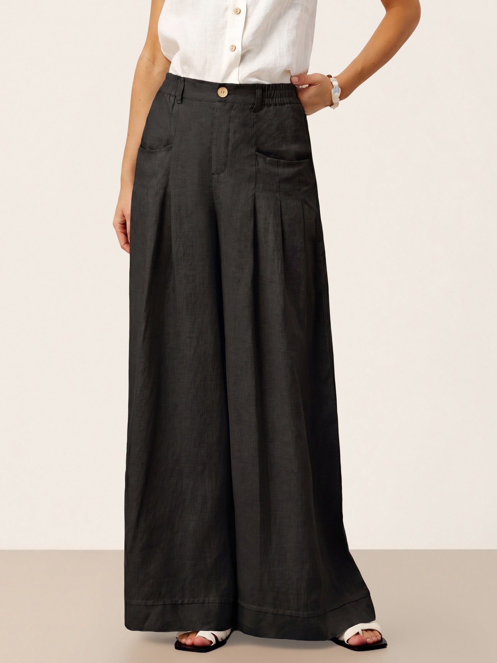 100% Linen Sculpted Pleat Elasticated Back Relaxed Pants VERIDIANA by LINTICO for women