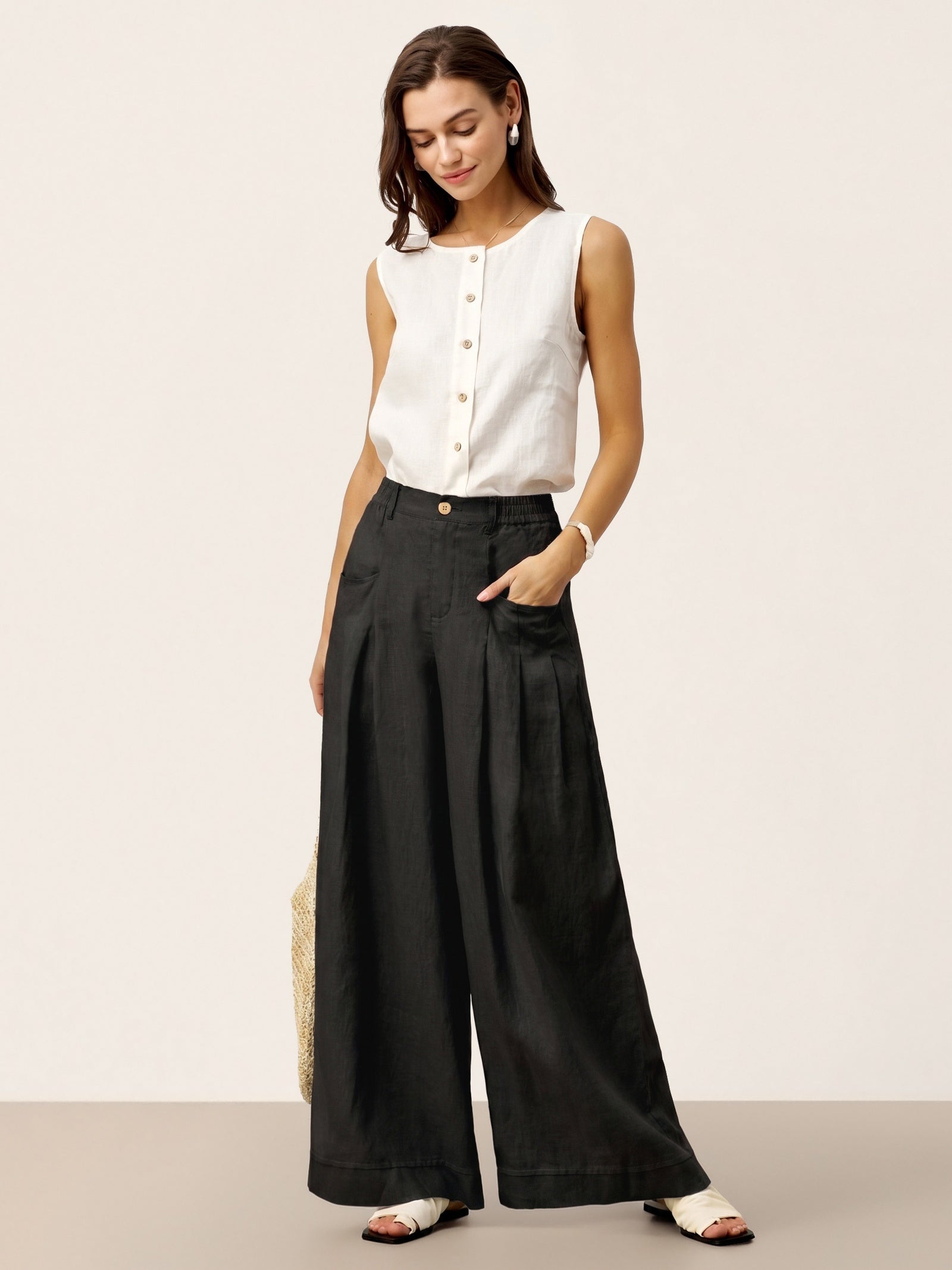 100% Linen Sculpted Pleat Elasticated Back Relaxed Pants VERIDIANA by LINTICO for women