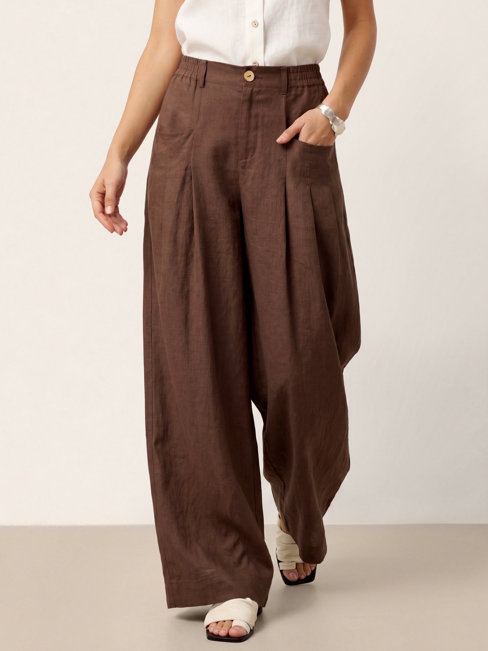 100% Linen Sculpted Pleat Elasticated Back Relaxed Pants VERIDIANA by LINTICO for women