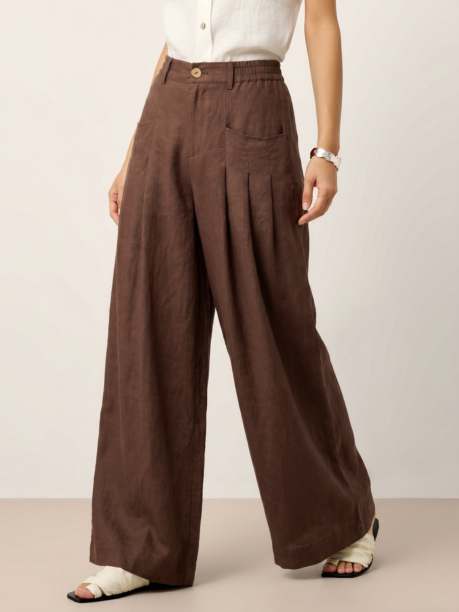 100% Linen Sculpted Pleat Elasticated Back Relaxed Pants VERIDIANA by LINTICO for women