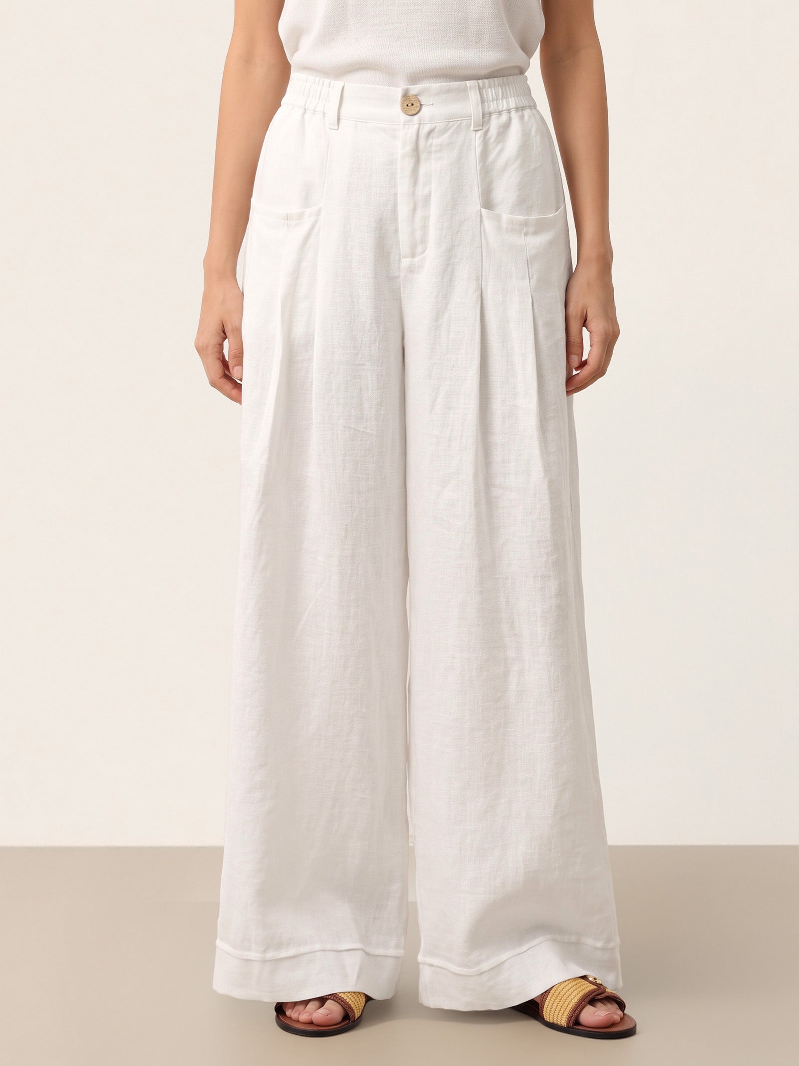 Optic White 100% Linen Sculpted Pleat Elasticated Back Relaxed Pants VERIDIANA by LINTICO