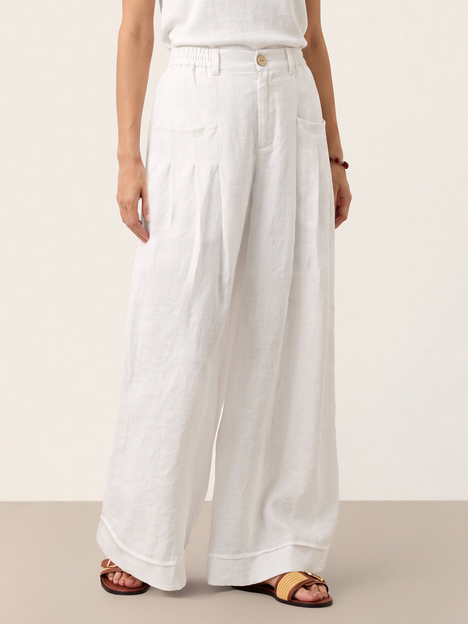 Optic White 100% Linen Sculpted Pleat Elasticated Back Relaxed Pants VERIDIANA by LINTICO