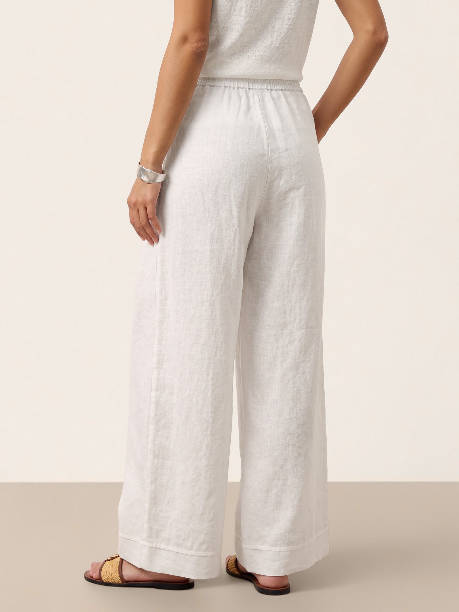 Optic White 100% Linen Sculpted Pleat Elasticated Back Relaxed Pants VERIDIANA by LINTICO