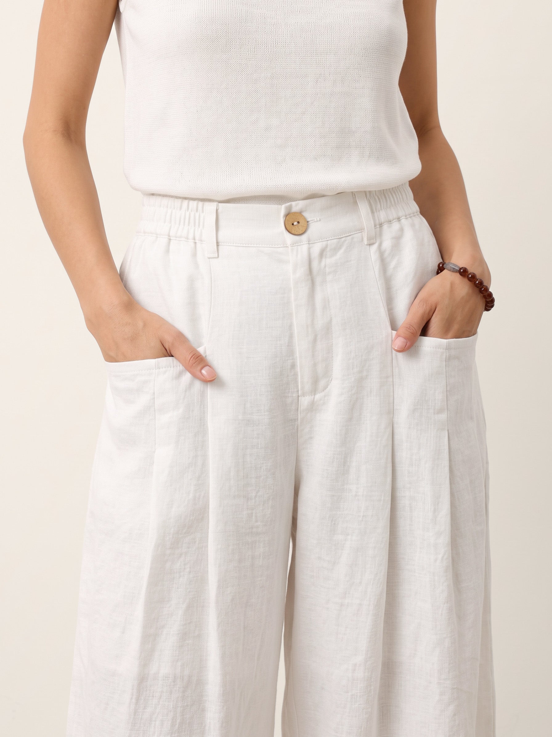Optic White 100% Linen Sculpted Pleat Elasticated Back Relaxed Pants VERIDIANA by LINTICO