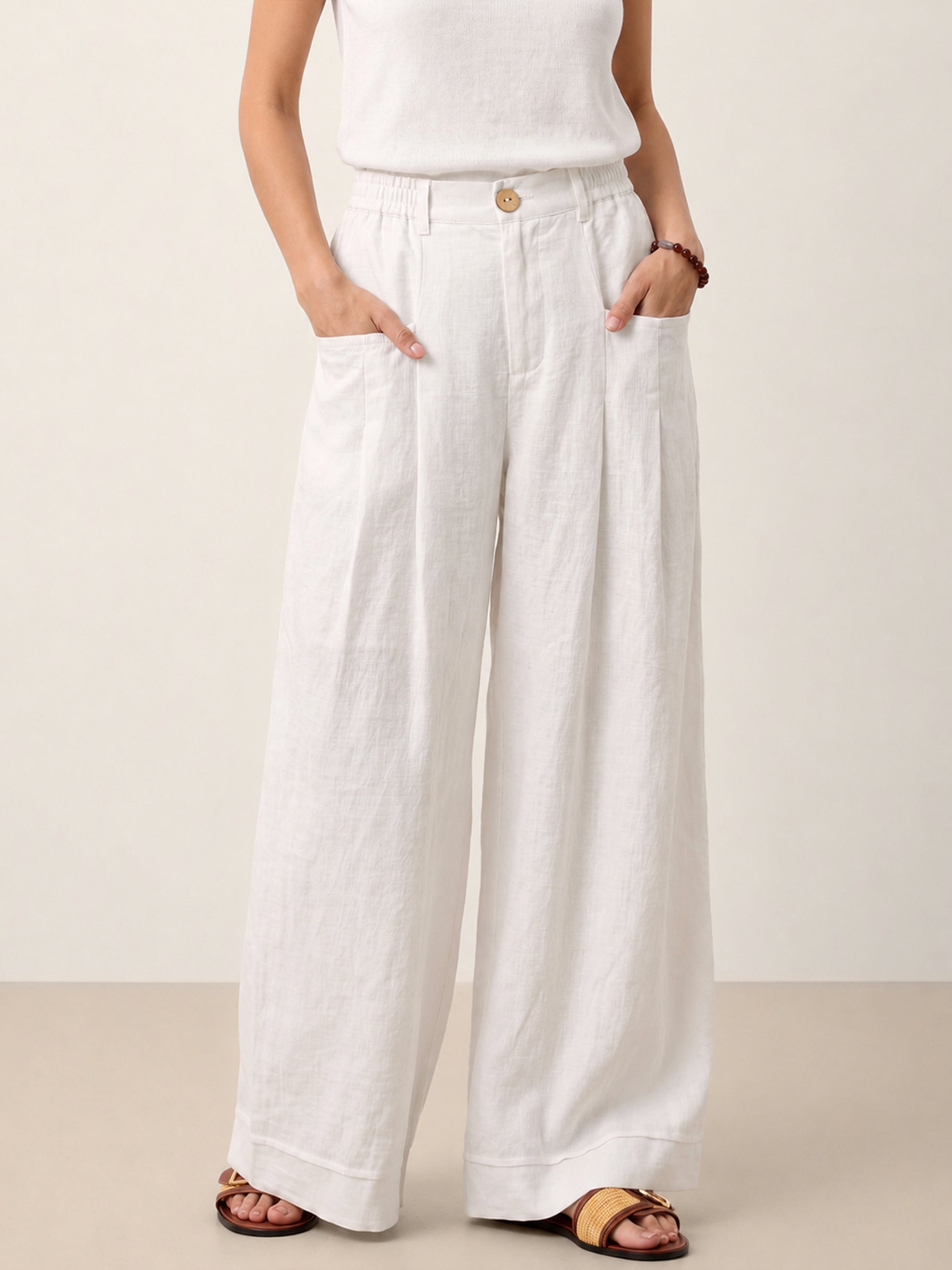 Optic White 100% Linen Sculpted Pleat Elasticated Back Relaxed Pants VERIDIANA by LINTICO