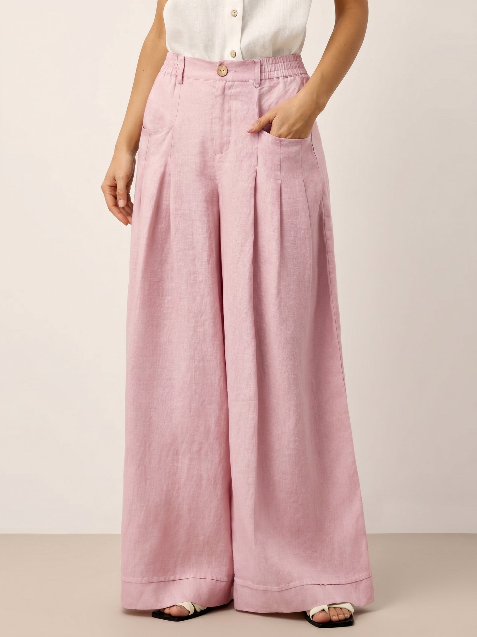 100% Linen Sculpted Pleat Elasticated Back Relaxed Pants VERIDIANA by LINTICO for women