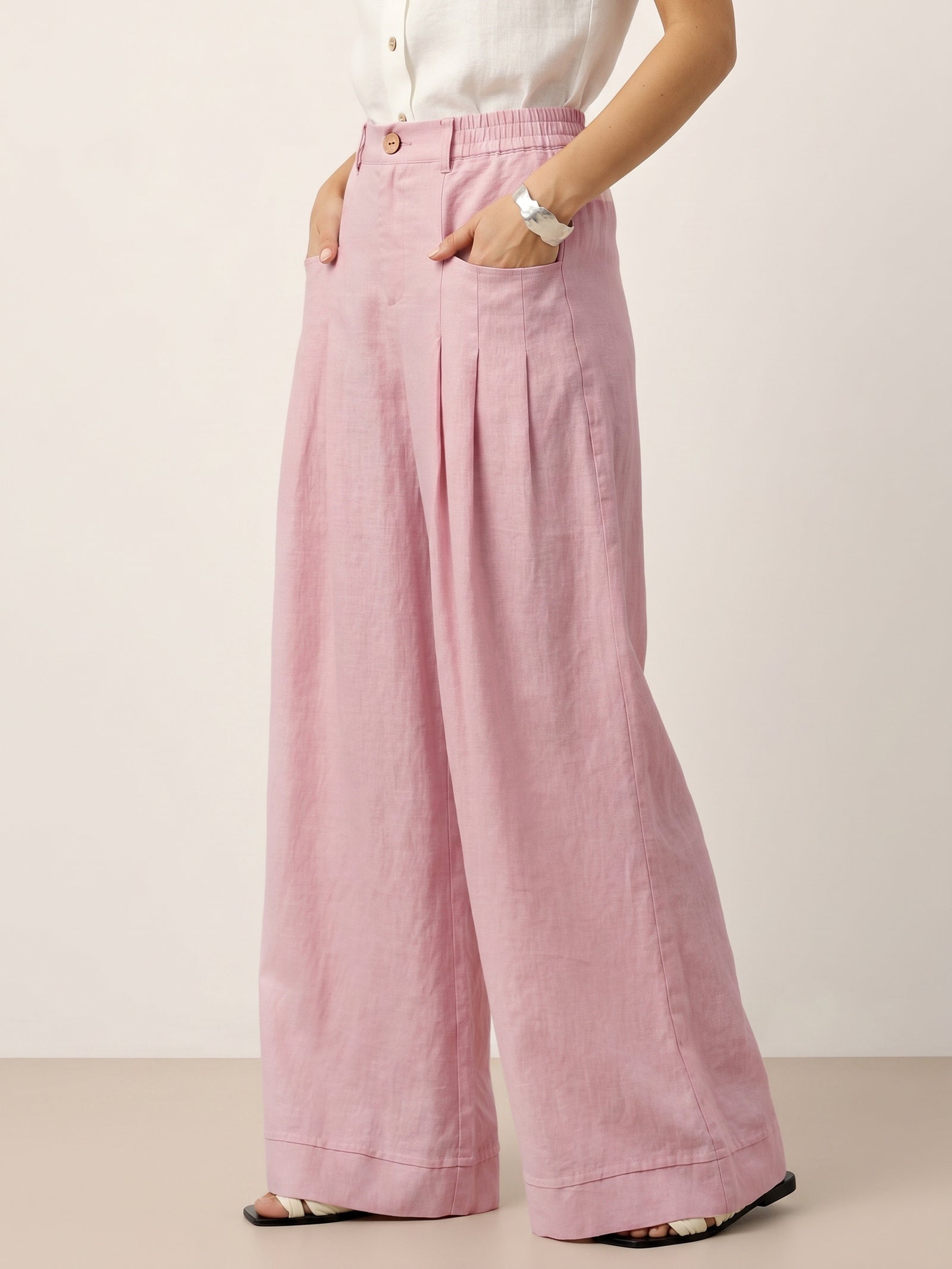 100% Linen Sculpted Pleat Elasticated Back Relaxed Pants VERIDIANA by LINTICO for women