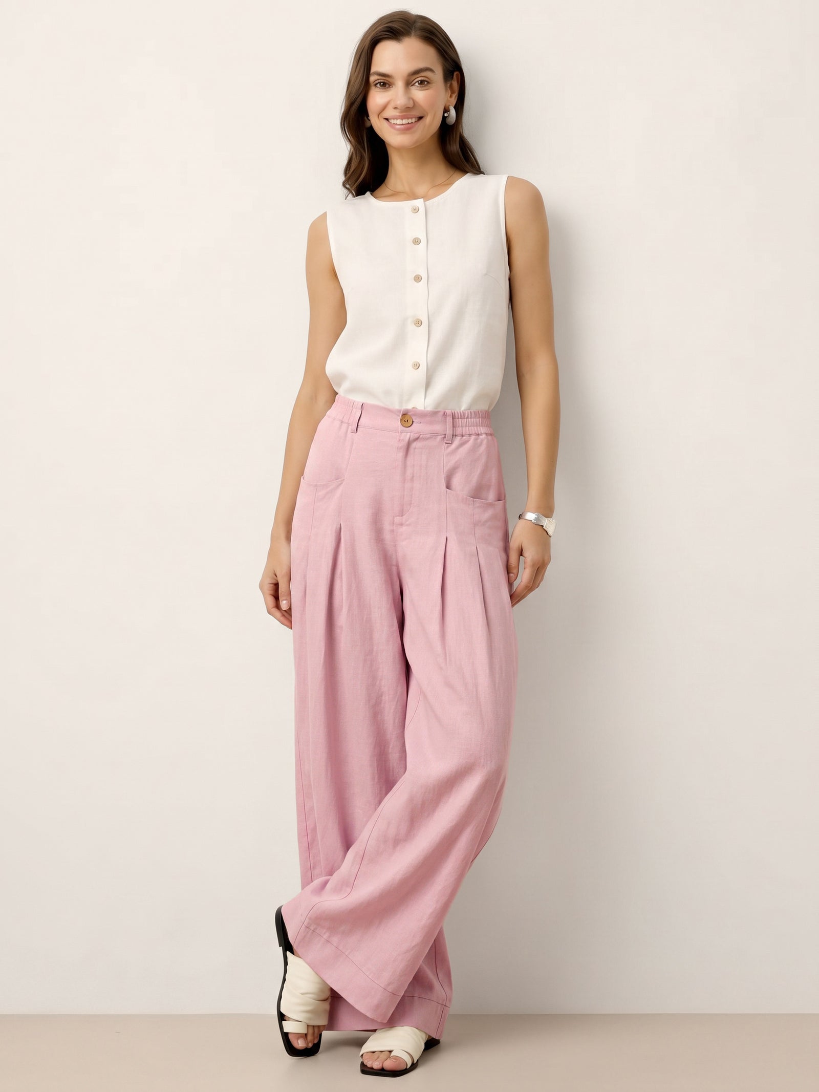 100% Linen Sculpted Pleat Elasticated Back Relaxed Pants VERIDIANA by LINTICO for women