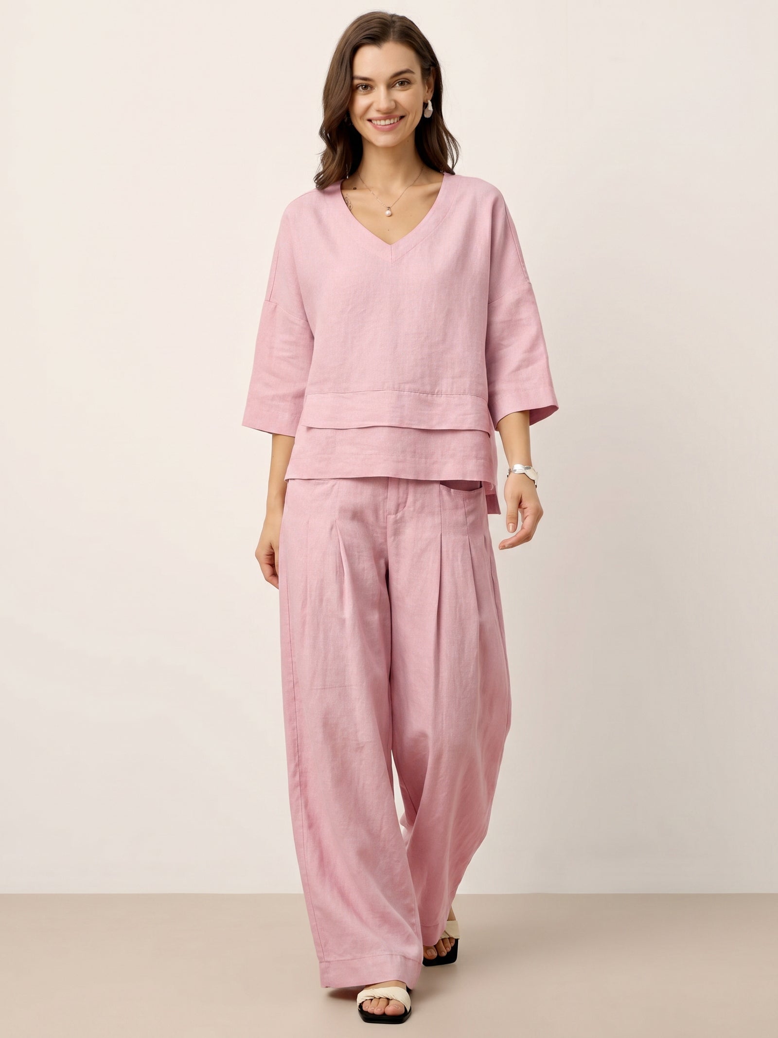100% Linen Sculpted Pleat Elasticated Back Relaxed Pants VERIDIANA by LINTICO for women