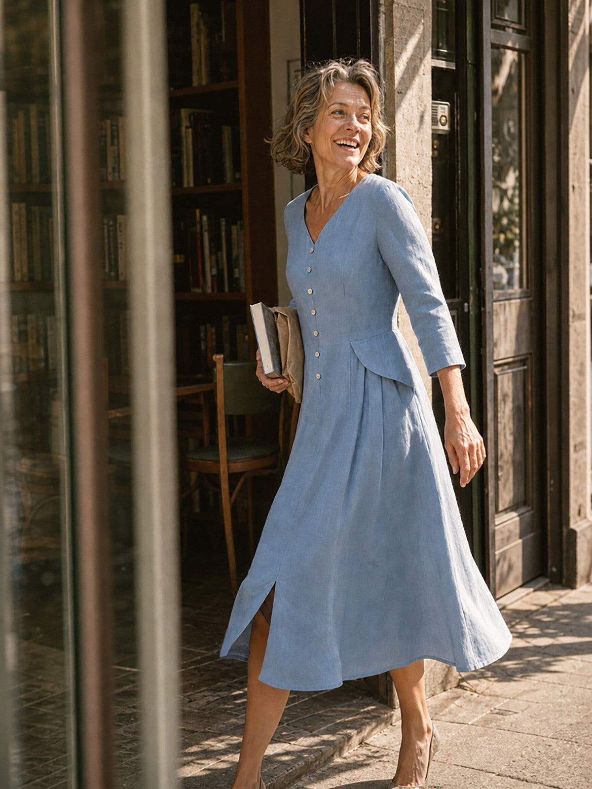 100% Linen Shell Button A Line Midi Dress ELIORA by LINTICO