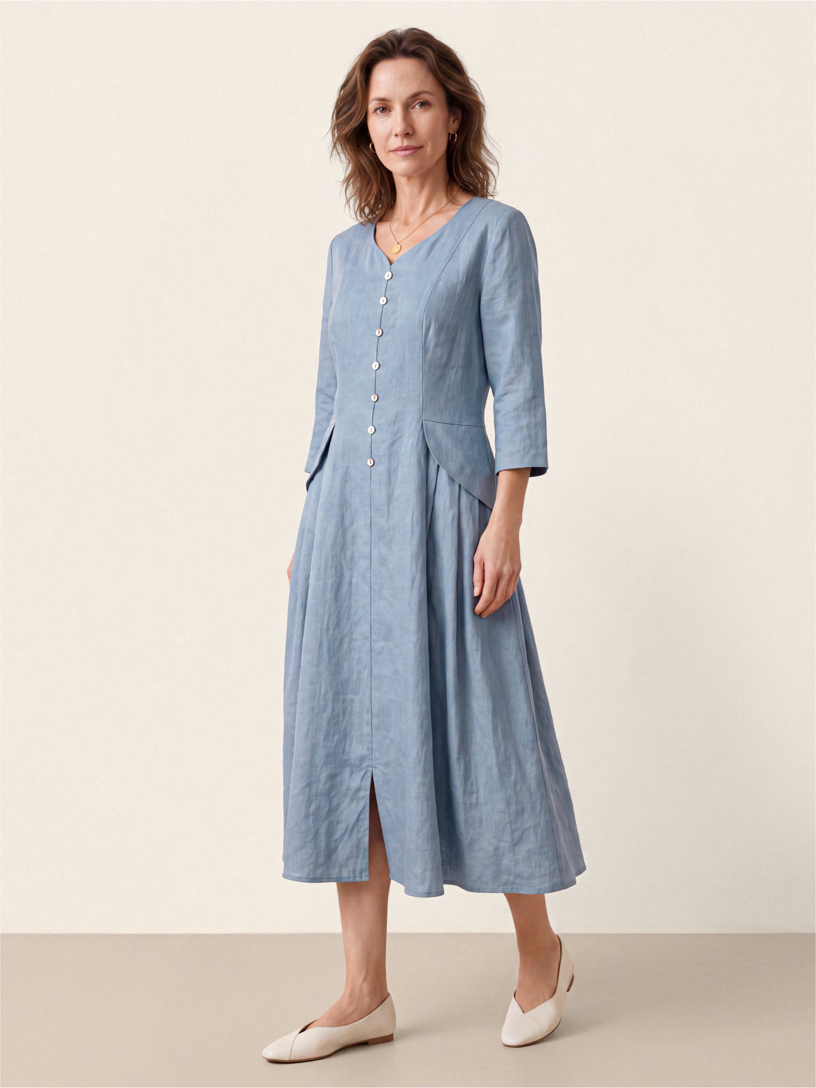 Blue 100% Linen Shell Button A Line Midi Dress ELIORA by LINTICO