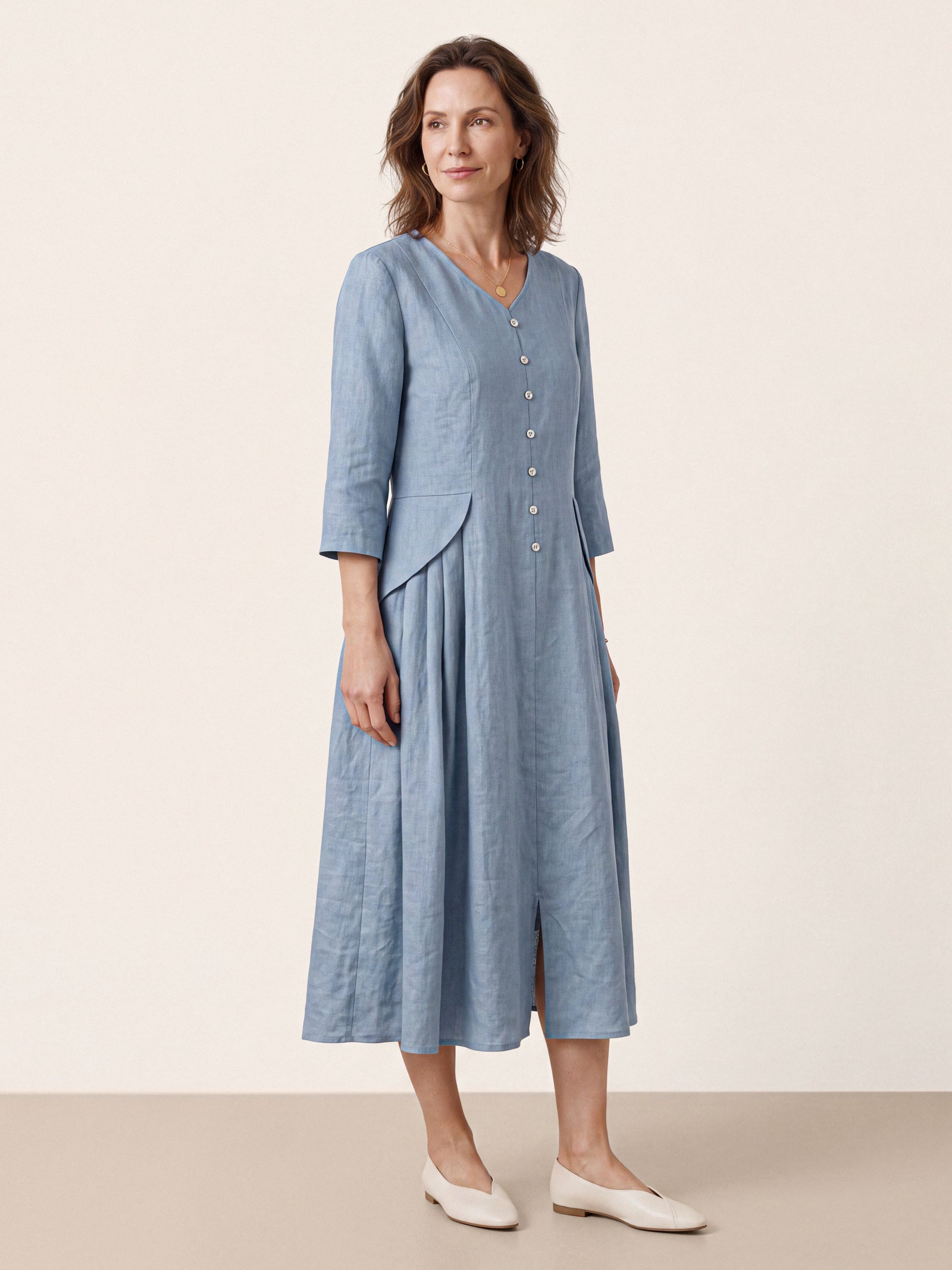 Blue 100% Linen Shell Button A Line Midi Dress ELIORA by LINTICO