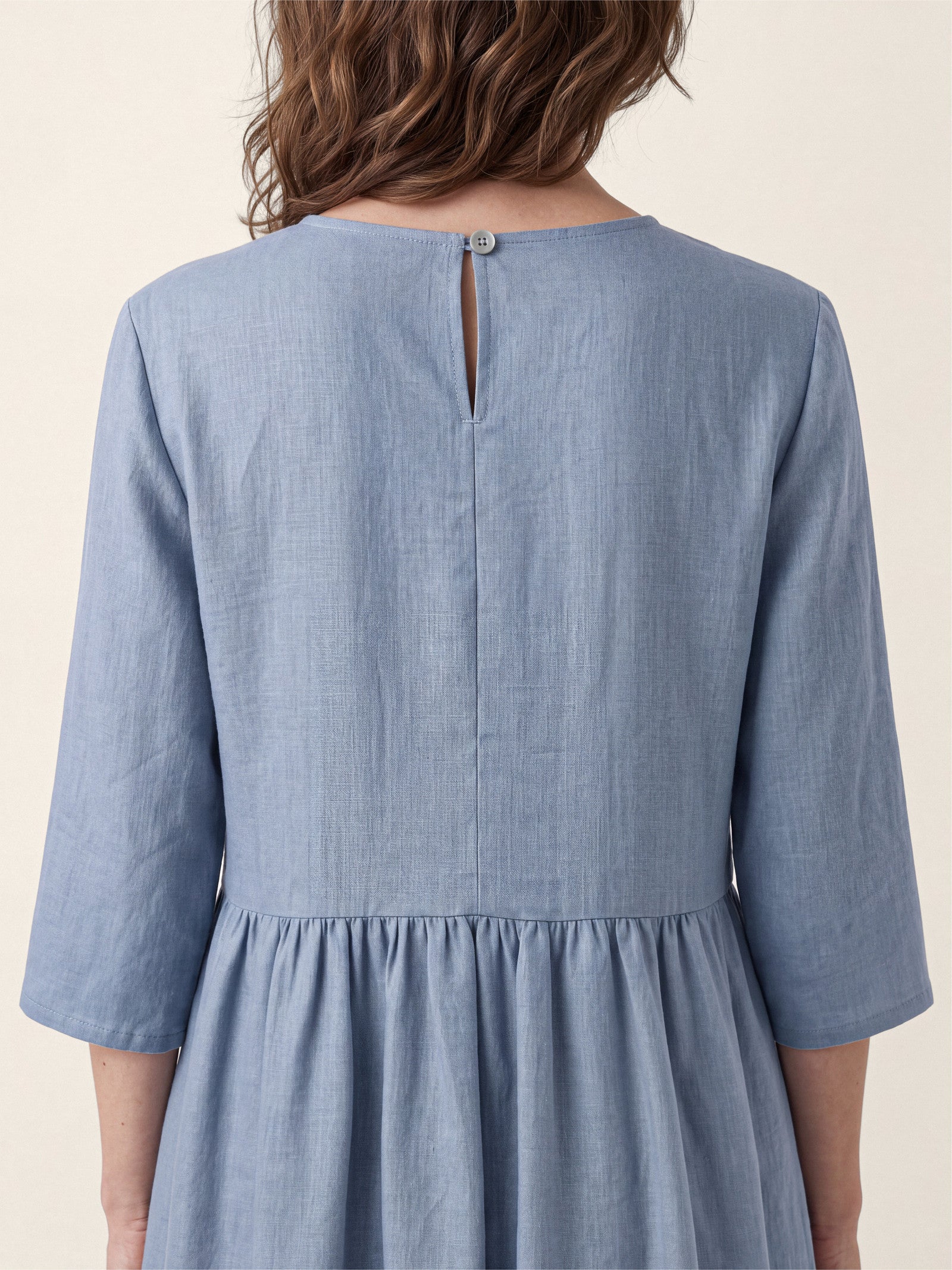 Blue 100% Linen Shell Button A Line Midi Dress ELIORA by LINTICO