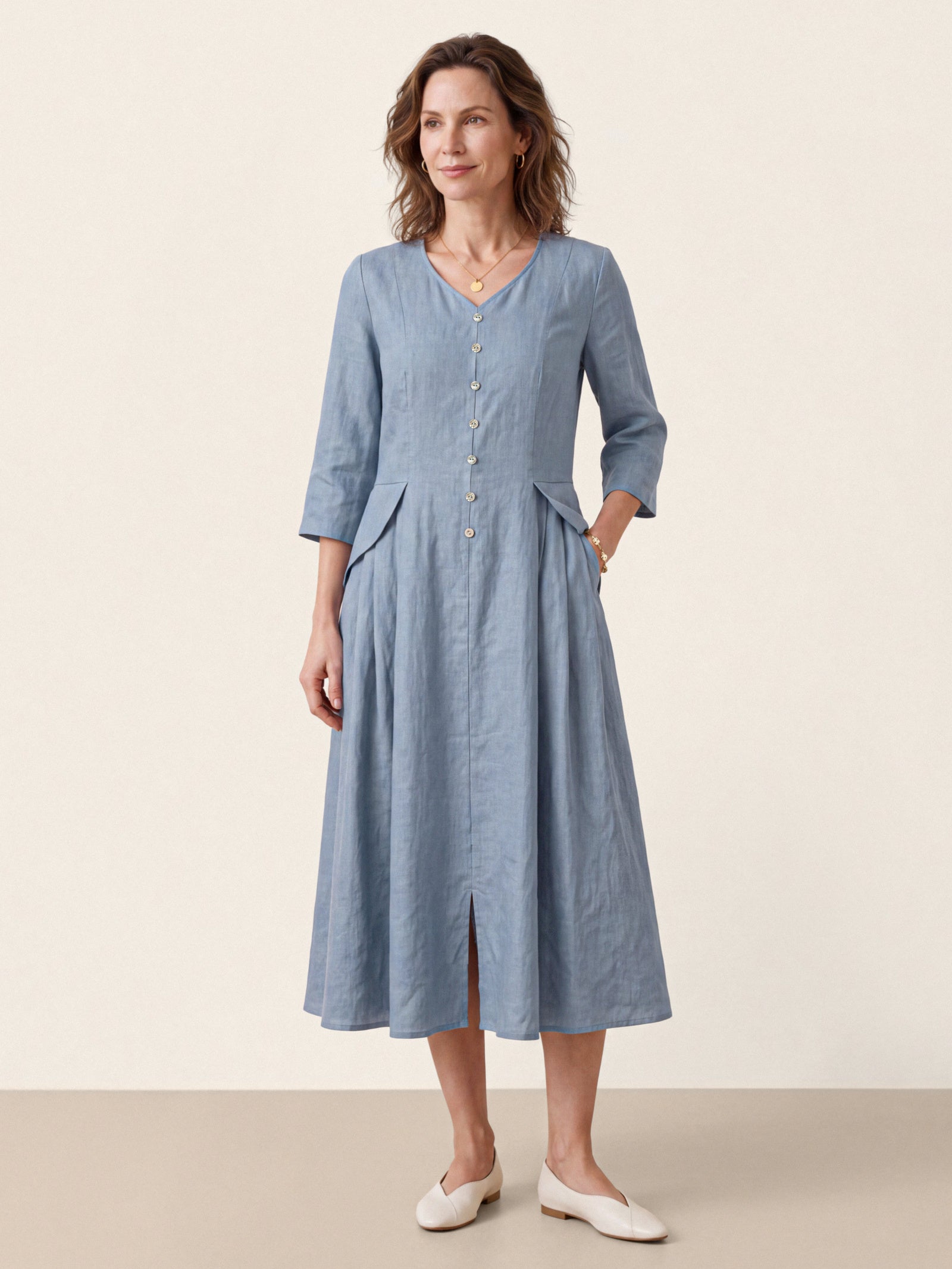 Blue 100% Linen Shell Button A Line Midi Dress ELIORA by LINTICO