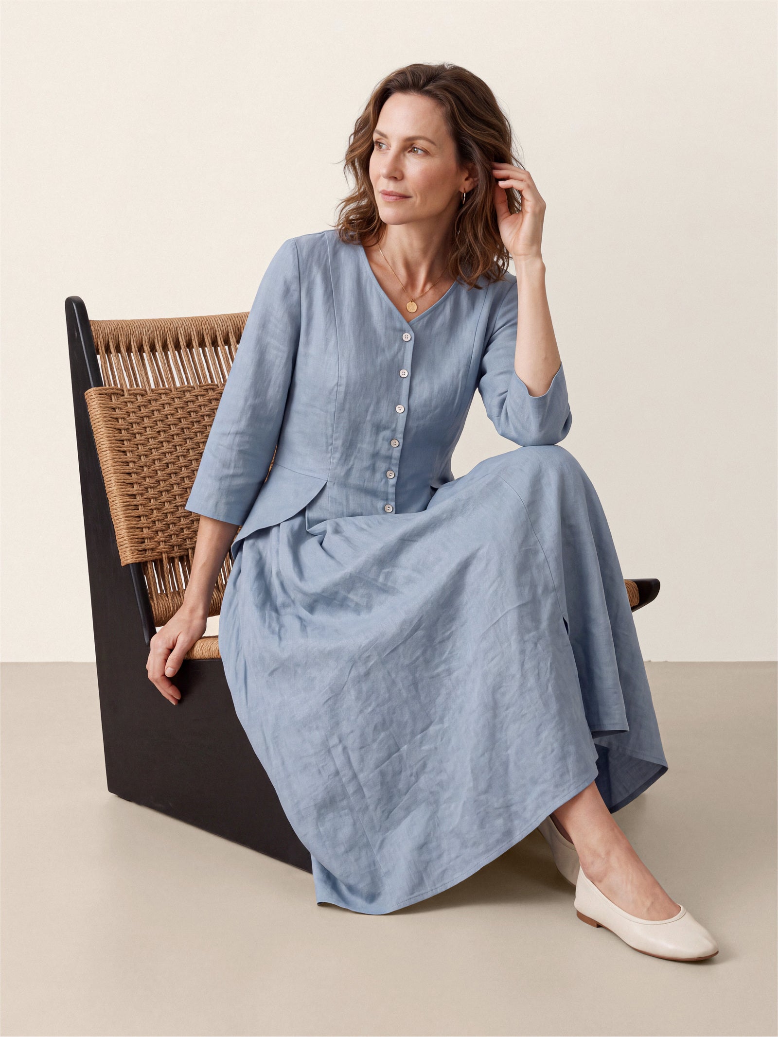 Blue 100% Linen Shell Button A Line Midi Dress ELIORA by LINTICO