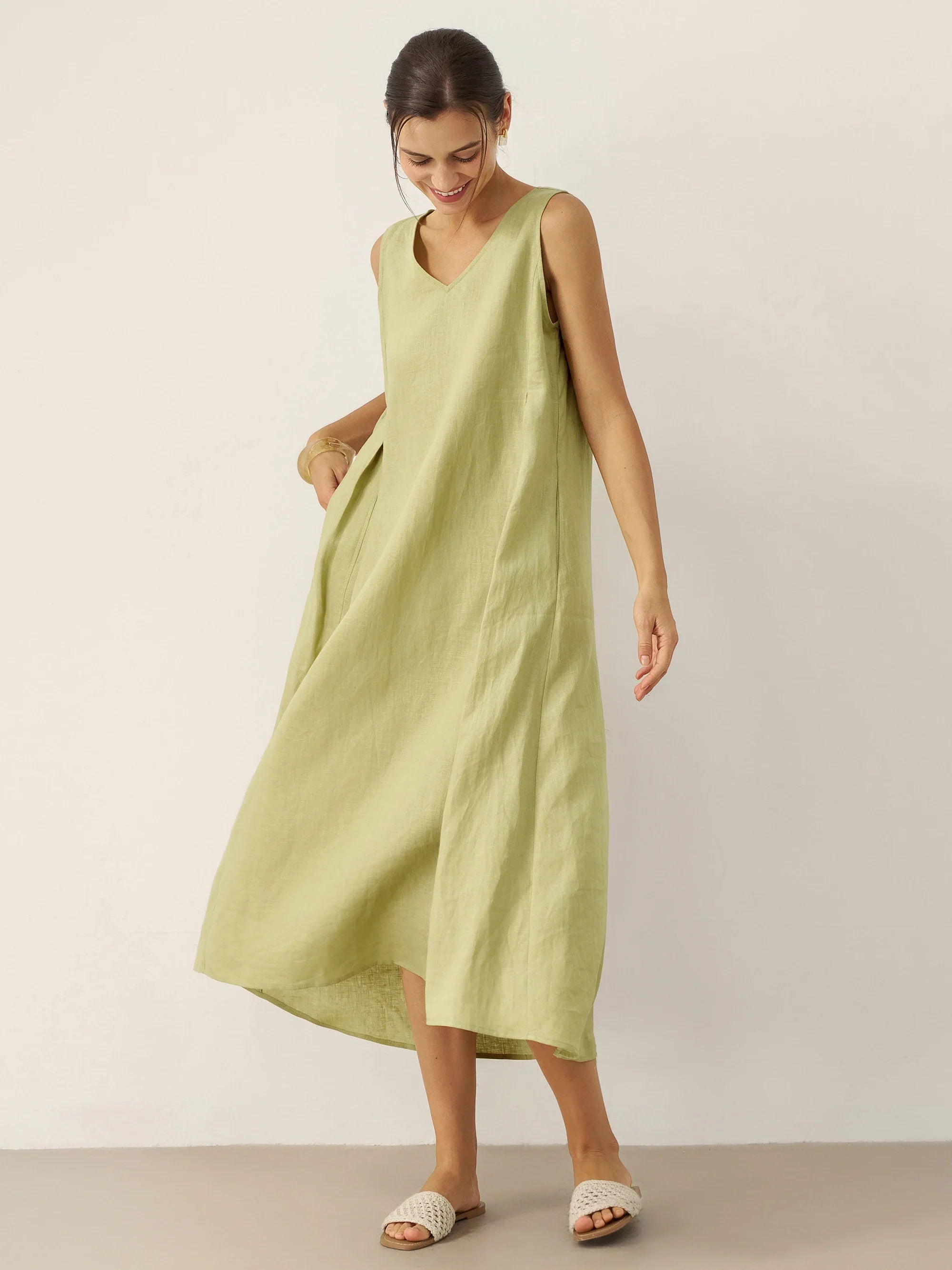 100% Linen Sleeveless A-Line Maxi Dress