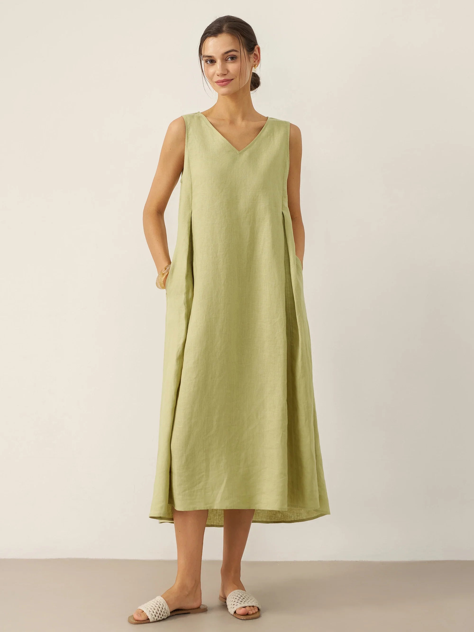 100% Linen Sleeveless A-Line Maxi Dress
