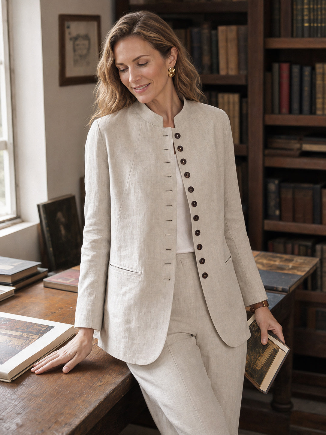 Natural Melange 100% Linen Stand Collar Princess Seam Jacket ALIDA by LINTICO