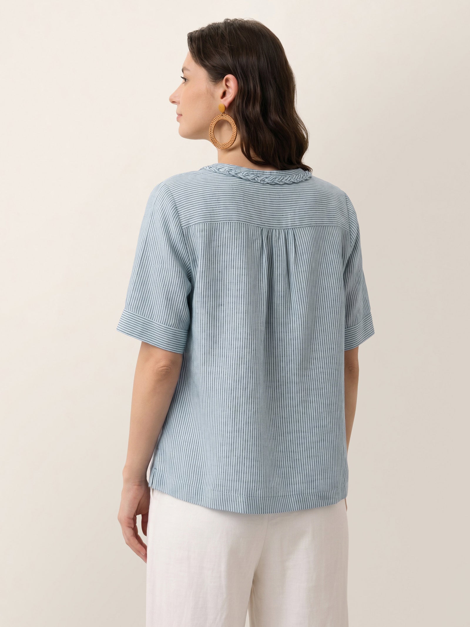 100% Linen Striped Braided Neck Shell Button Top ARDEN by LINTICO