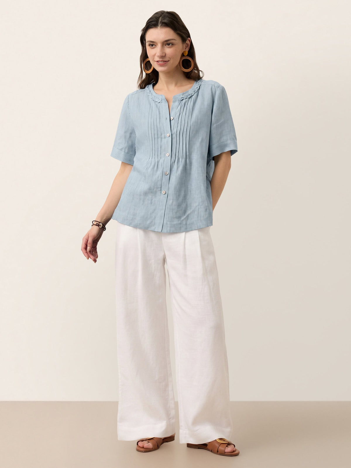 100% Linen Striped Braided Neck Shell Button Top ARDEN by LINTICO
