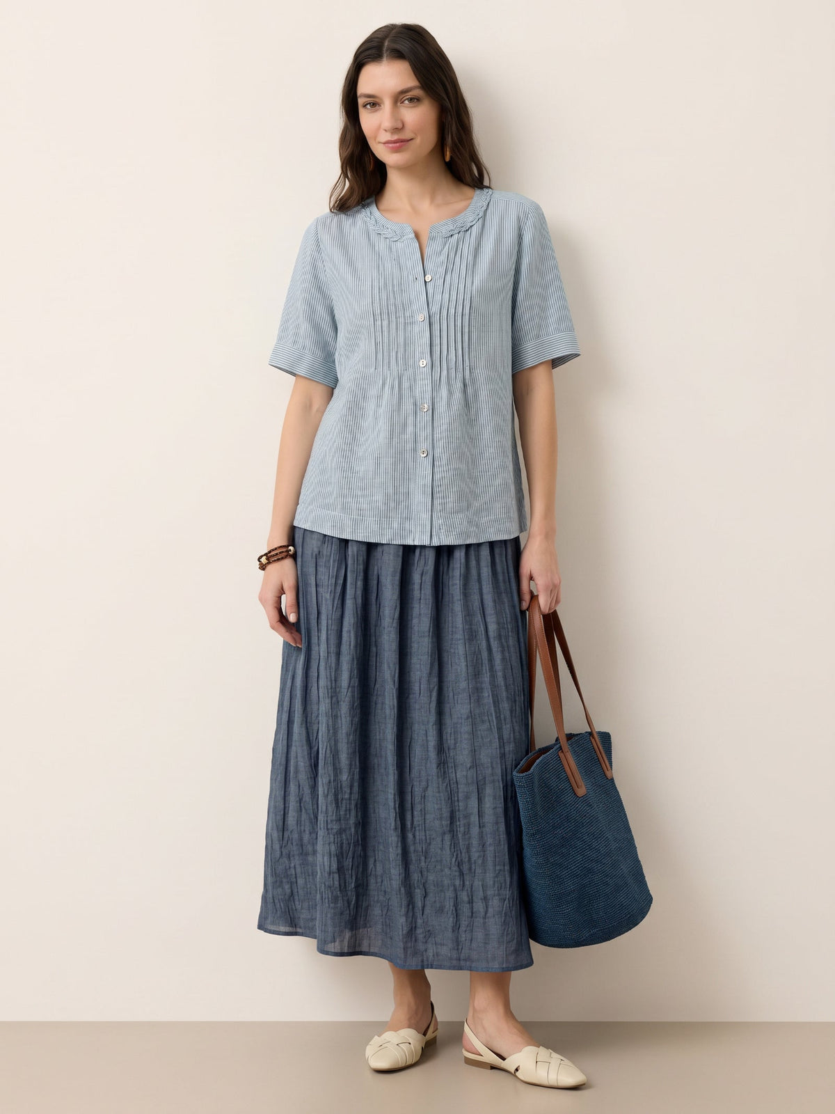 100% Linen Striped Braided Neck Shell Button Top ARDEN by LINTICO