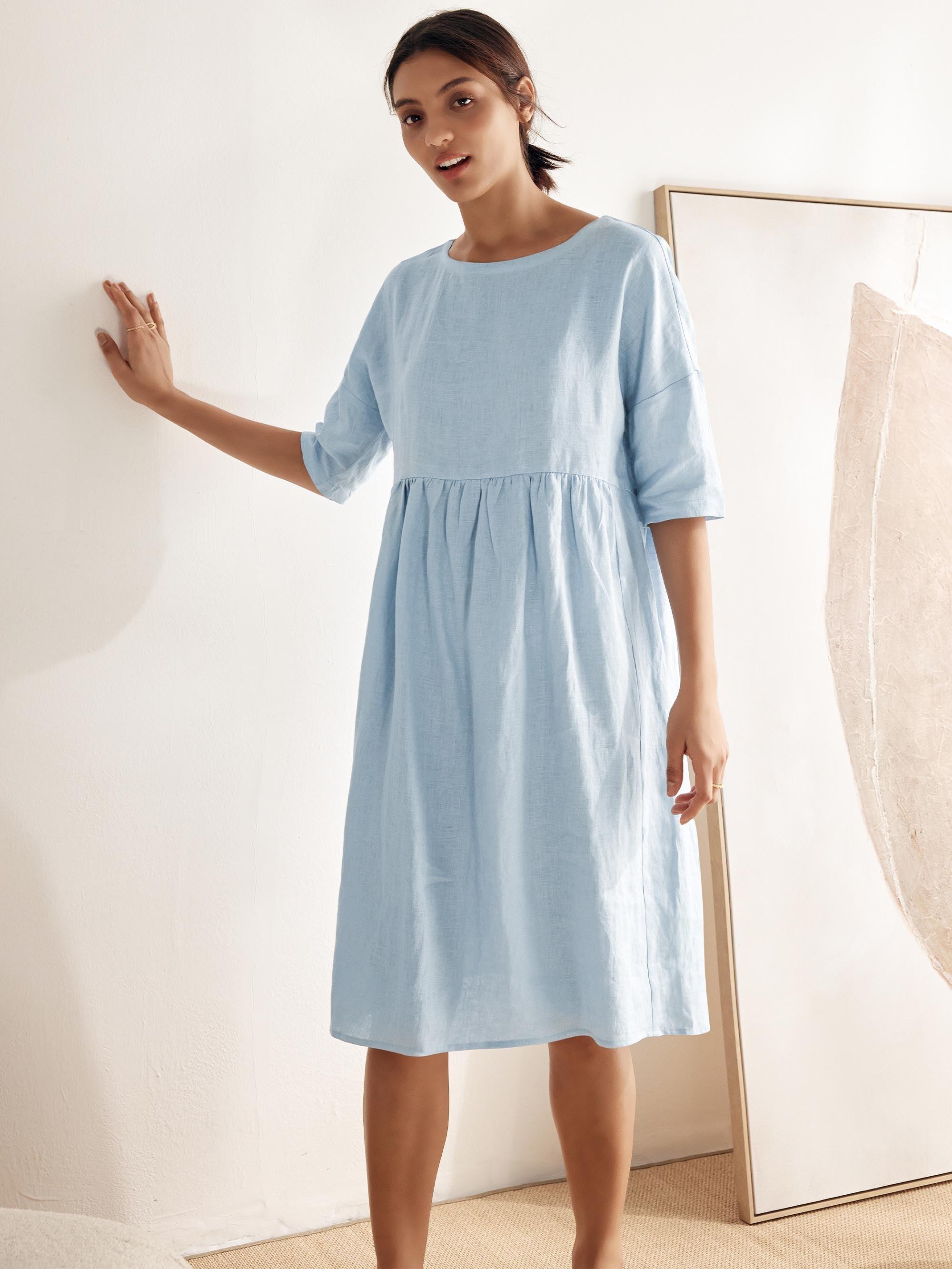100% Linen A-Line Midi Dress VALENCIA - DRESSES-Linen
