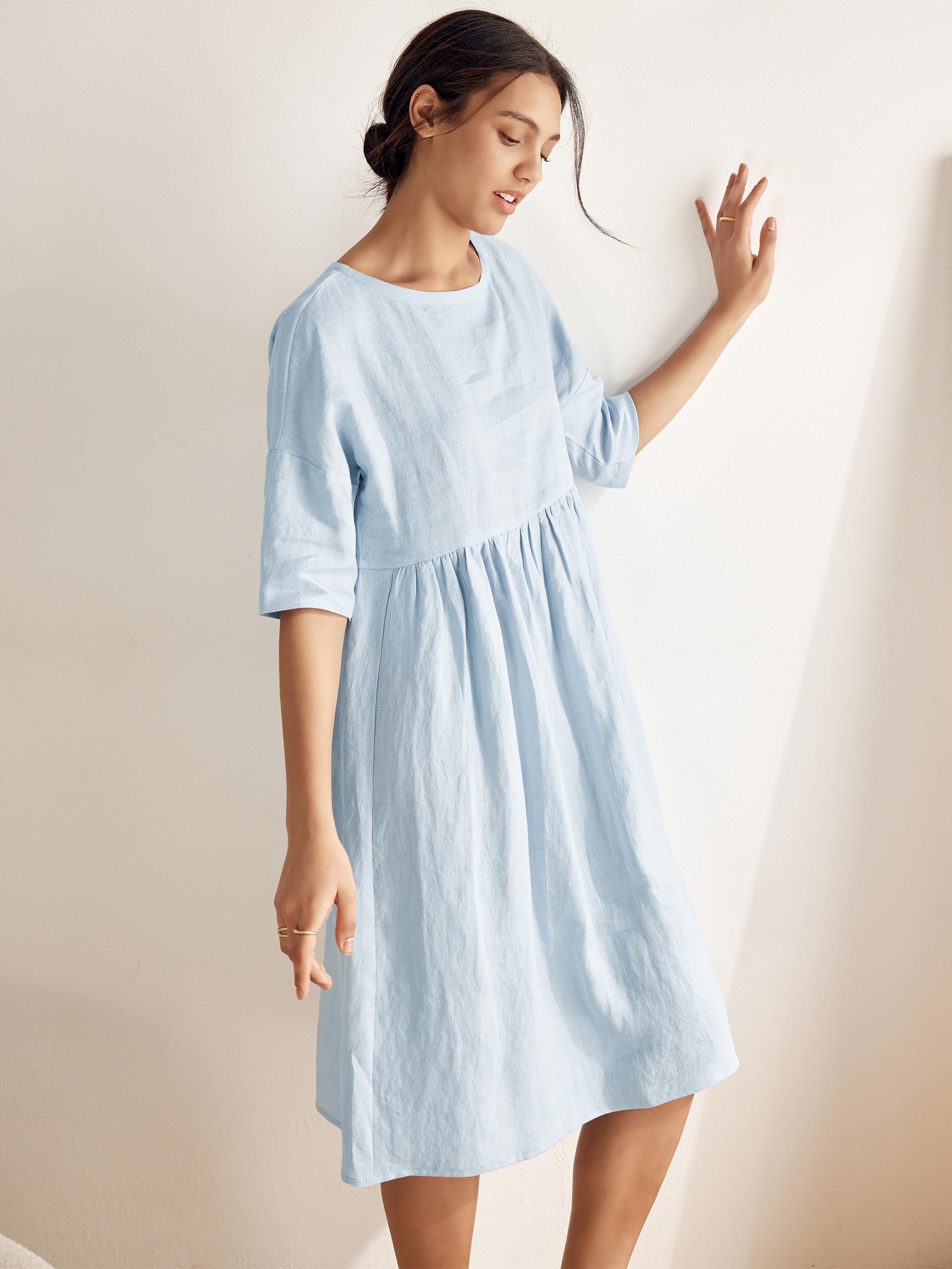100% Linen A-Line Midi Dress VALENCIA - DRESSES-Linen